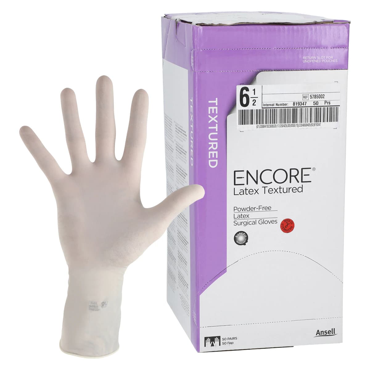 Ansell Encore PF Sterile Surgical Gloves, Powder-Free Latex, Textured, Size 6.5, Natural, 50 Pairs/Box, 5785002 thumbnail 2