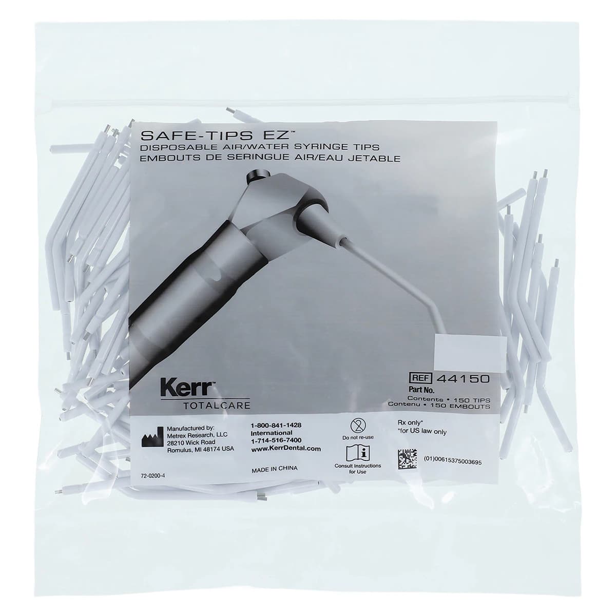 Safe-Tips EZ Disposable Air/Water Syringe Tips, Universal Fit, Plastic with Metal Core, White, 150/Pkg, Ref 44150 - Safe-Tips EZ Universal Air/Water Syringe Tips 150/Pk. Plastic with Metal Core - Image 1