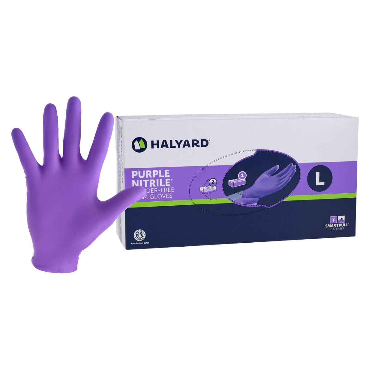 Halyard PURPLE NITRILE* Exam Gloves, Powder-Free, Latex-Free, Non-Sterile, Fingertip Textured, Chemo Rated, Large, Purple, 100/Box, 55083 thumbnail 2