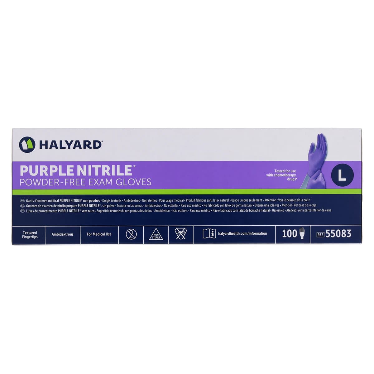 Halyard PURPLE NITRILE* Exam Gloves, Powder-Free, Latex-Free, Non-Sterile, Fingertip Textured, Chemo Rated, Large, Purple, 100/Box, 55083 thumbnail 5