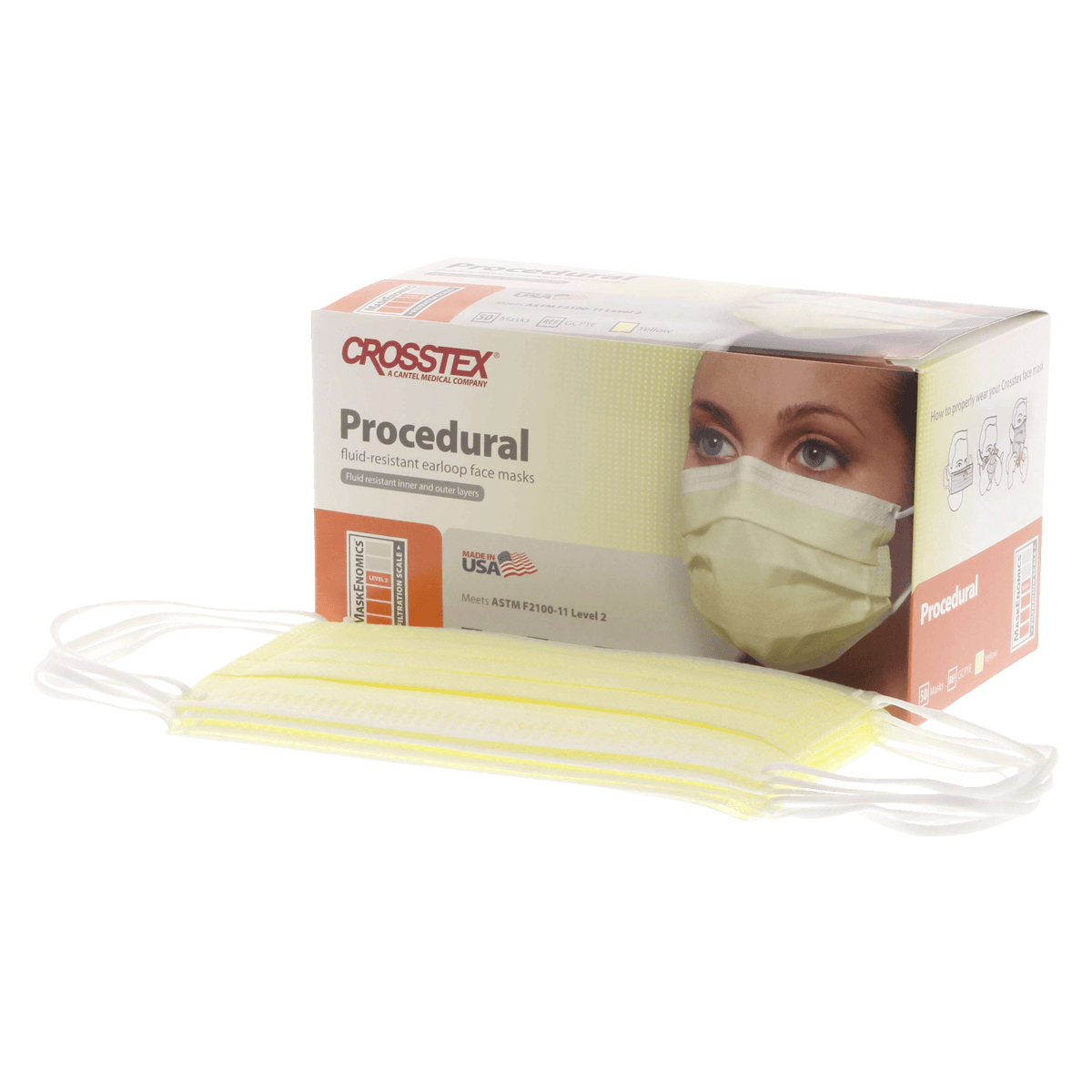 Crosstex Procedural Earloop Face Mask, ASTM Level 2, Fluid Resistant, Yellow, One Size Fits Most, 50/Box, GCPYE thumbnail 2