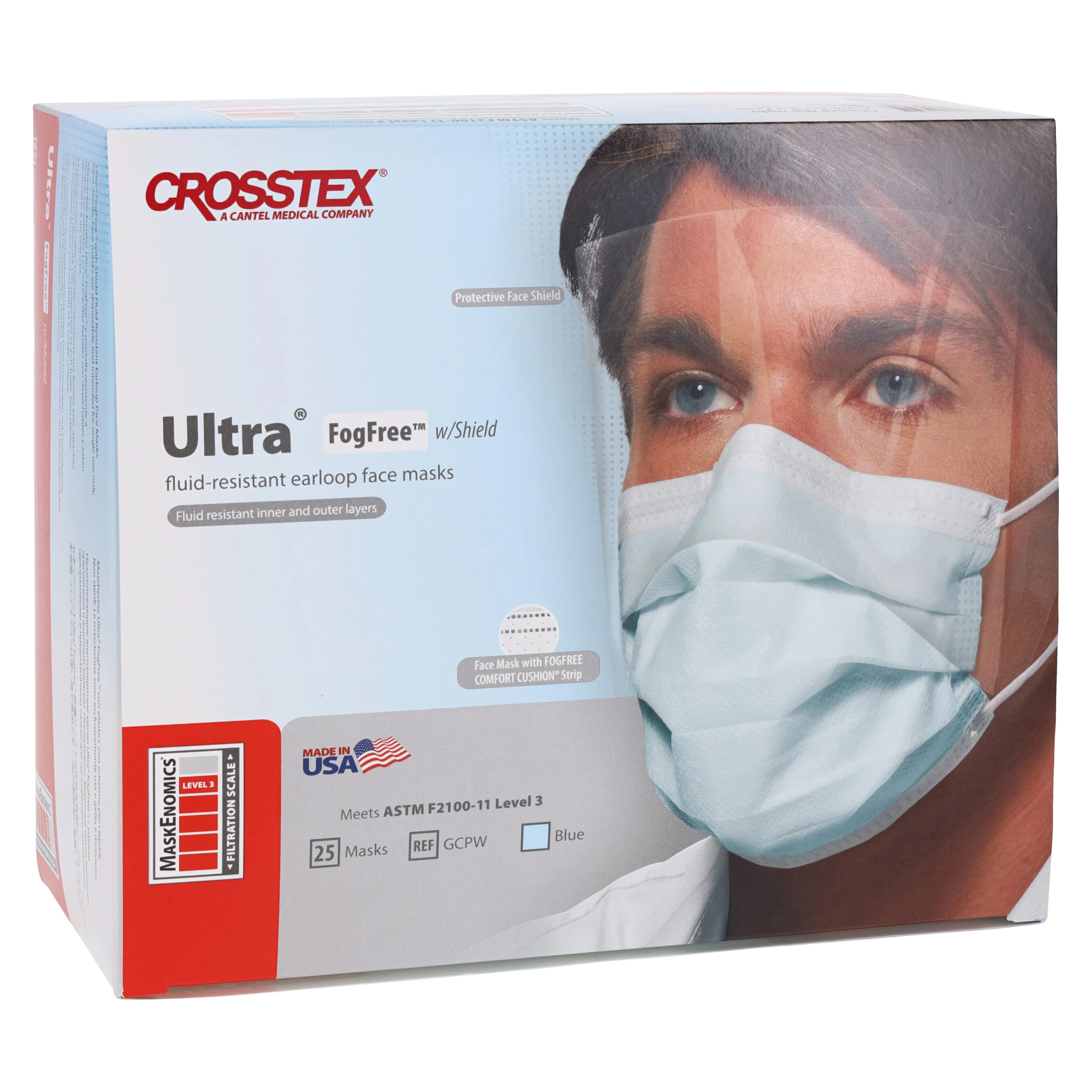 Crosstex Ultra FogFree Earloop Surgical Face Mask with Shield, ASTM Level 3, Blue, 25/Box, GCPW - Ultra™ FogFree™ Surgical Face Mask ASTM Level 3 Blue Box of 25 - Image 1