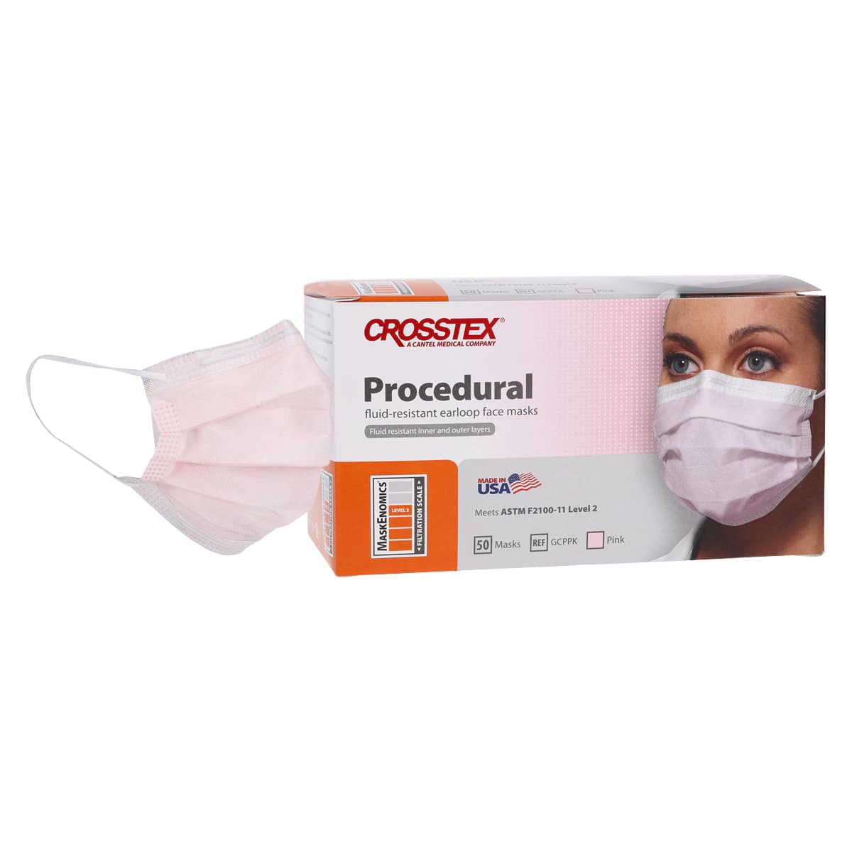 Crosstex Procedural Earloop Face Mask, ASTM Level 2, Pink, Latex-Free, 50/Box, GCPPK - Procedure Face Mask ASTM Level 2 Pink Box of 50 - Image 1