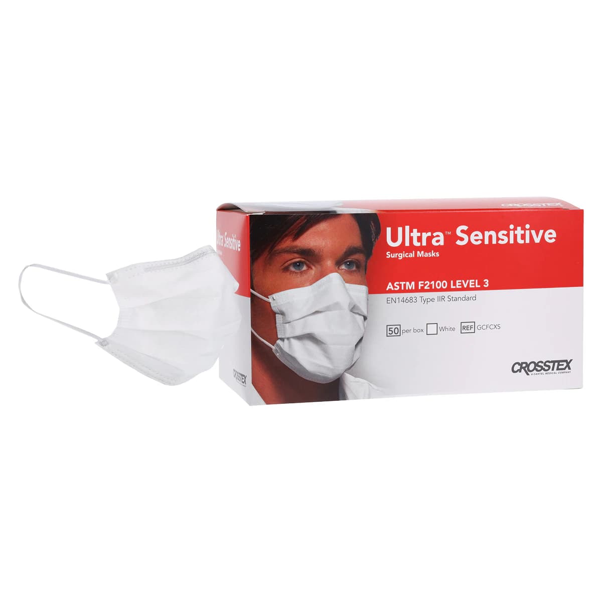 Crosstex Ultra Sensitive Earloop Face Mask, ASTM Level 3, White, 50/Box, GCFCXS thumbnail 2