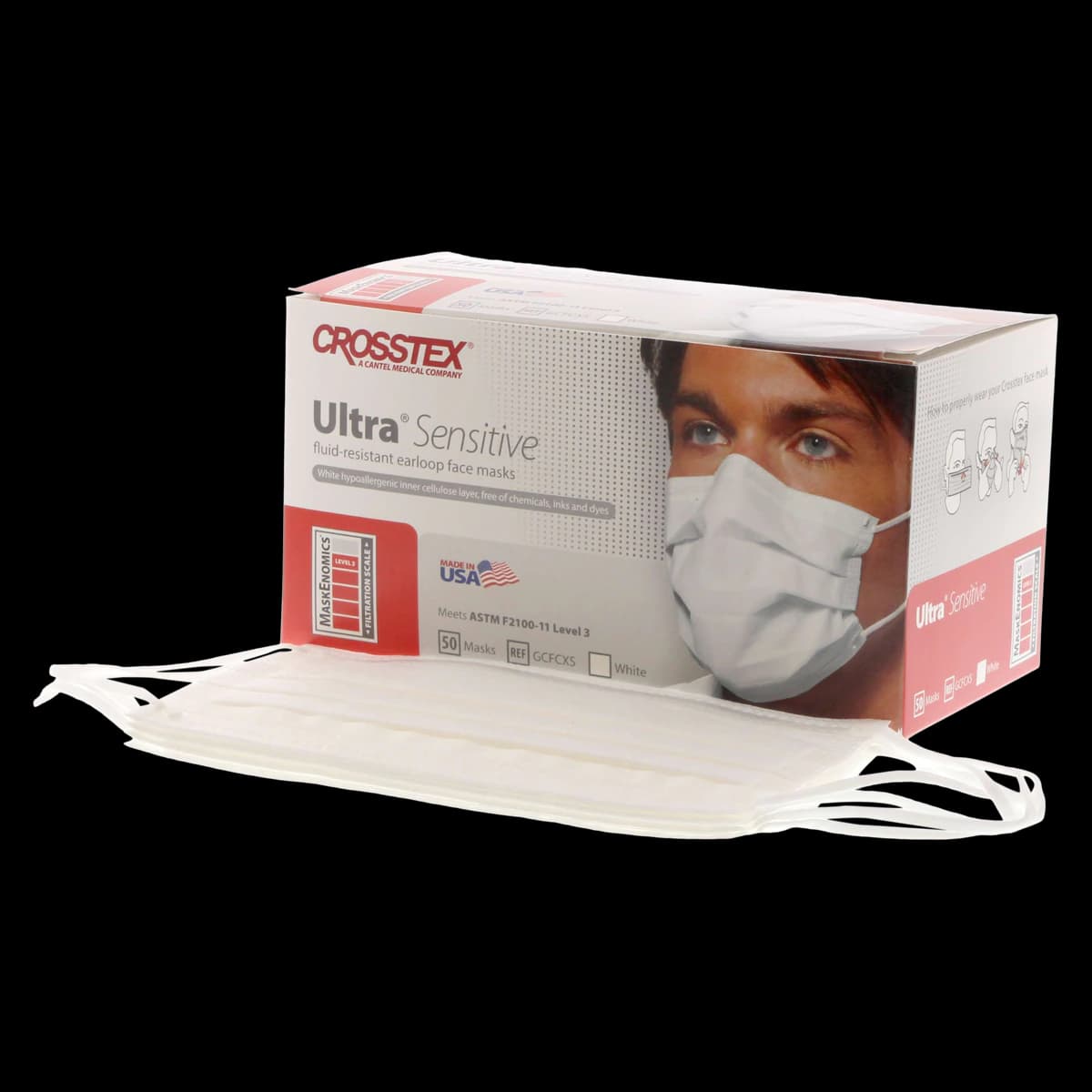 Crosstex Ultra Sensitive Earloop Face Mask, ASTM Level 3, White, 50/Box, GCFCXS - Ultra™ Surgical Face Mask ASTM Level 3 White Box of 50 - Image 1