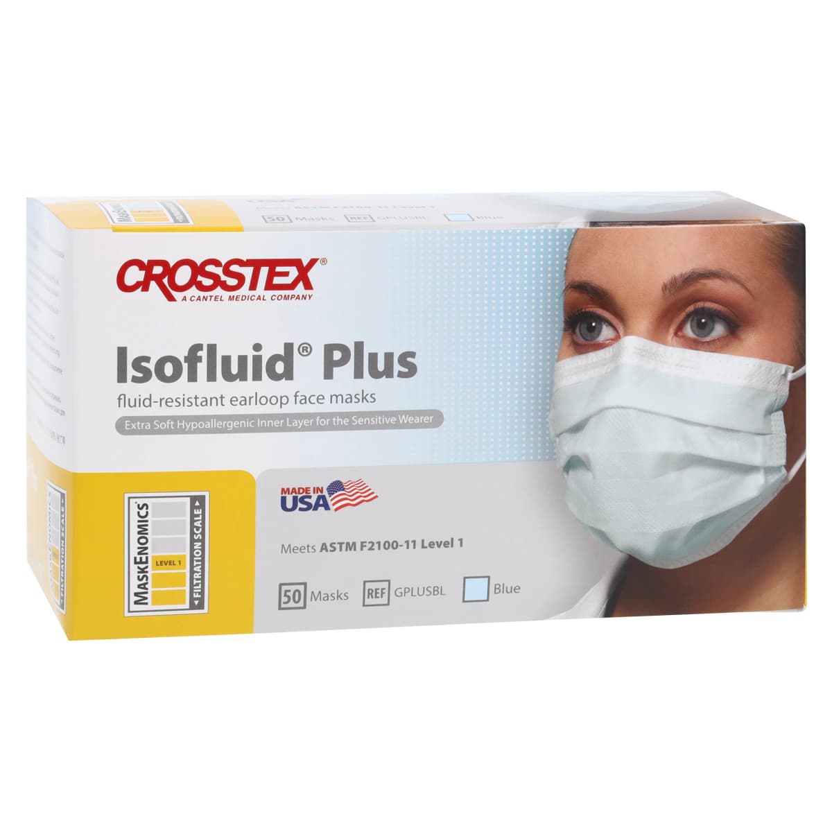 Isofluid Plus Earloop Face Mask, ASTM Level 1, Blue, 50/Box, GPLUSBL thumbnail 4