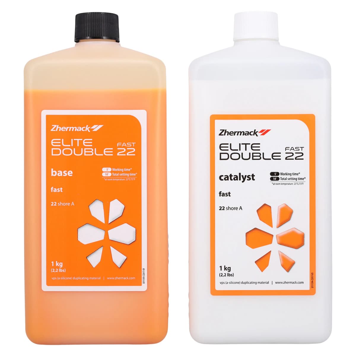 Zhermack Elite Double 22 Fast Duplicating Silicone, 1:1 Base and Catalyst, 2 x 1 kg (4.4 lb) Bottles, Orange - Elite Double 22 Fast 1KG Base and Catalyst - Image 1