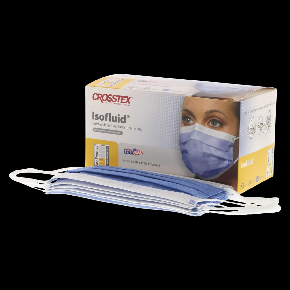 Isofluid Earloop Face Masks, ASTM Level 1, Sapphire, 50/Box, GCISA - Isofluid Earloop Masks Sapphire 50/Bx - Image 1
