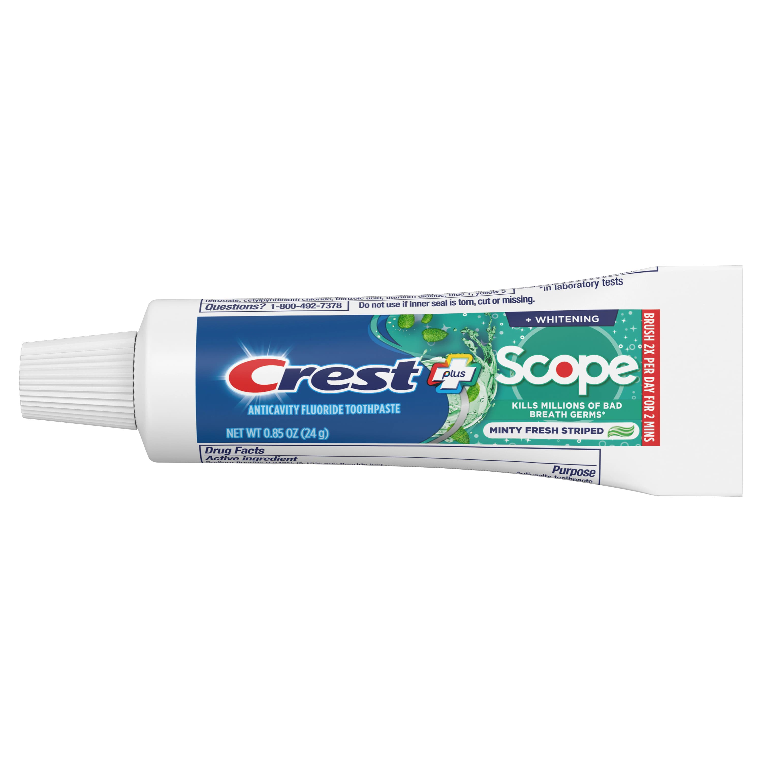 Crest Complete Whitening + Scope Outlast Toothpaste, Mint, 0.85 oz Tube, 72/Pkg, 83904137 - Crest® Extra White Plus Scope Outlast™ Toothpaste - 0.85 oz Tube, 72/Pkg - Image 1