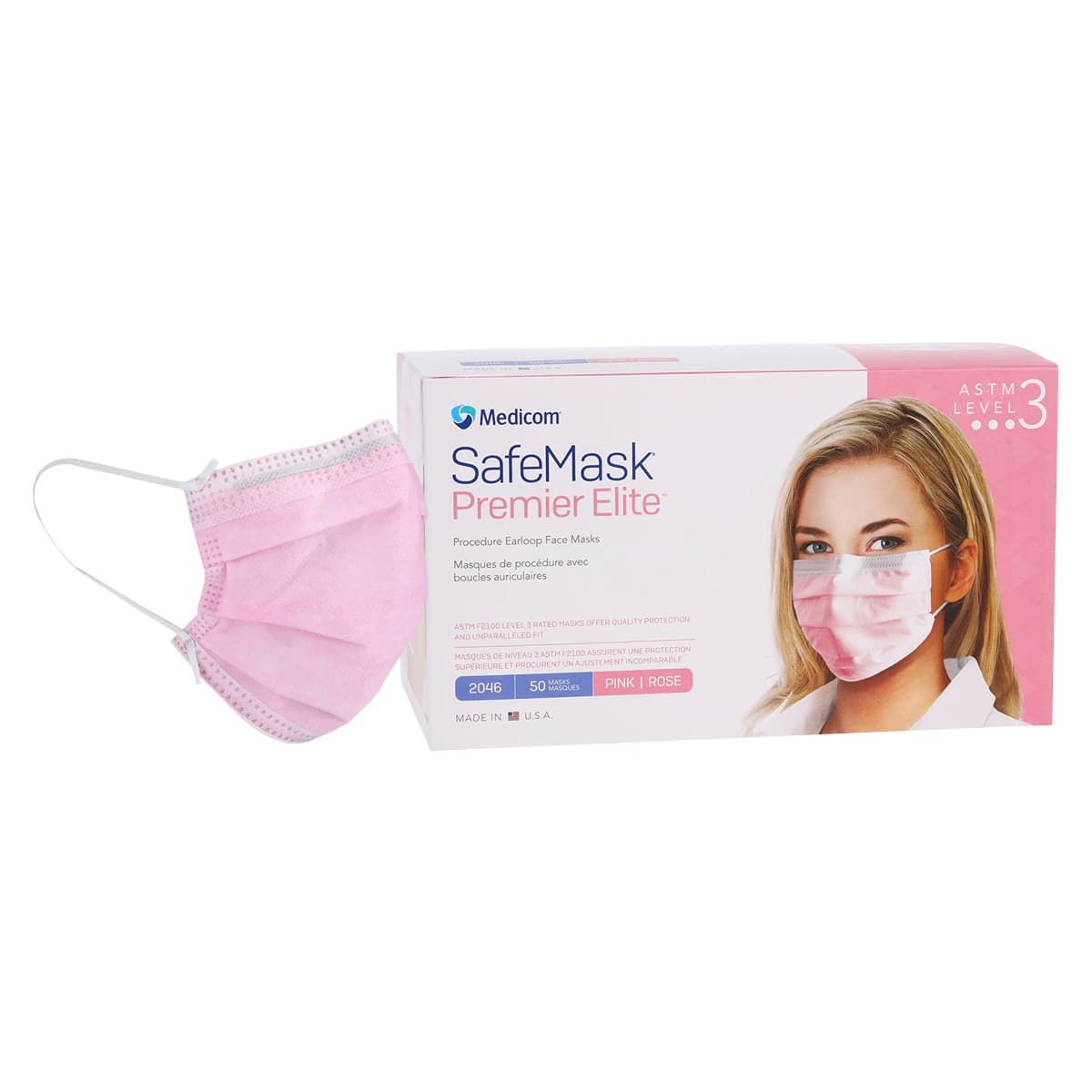 SafeMask® Premier Elite™ Procedure Earloop Face Mask, ASTM Level 3, Pink, 50/Box, 2046 thumbnail 2