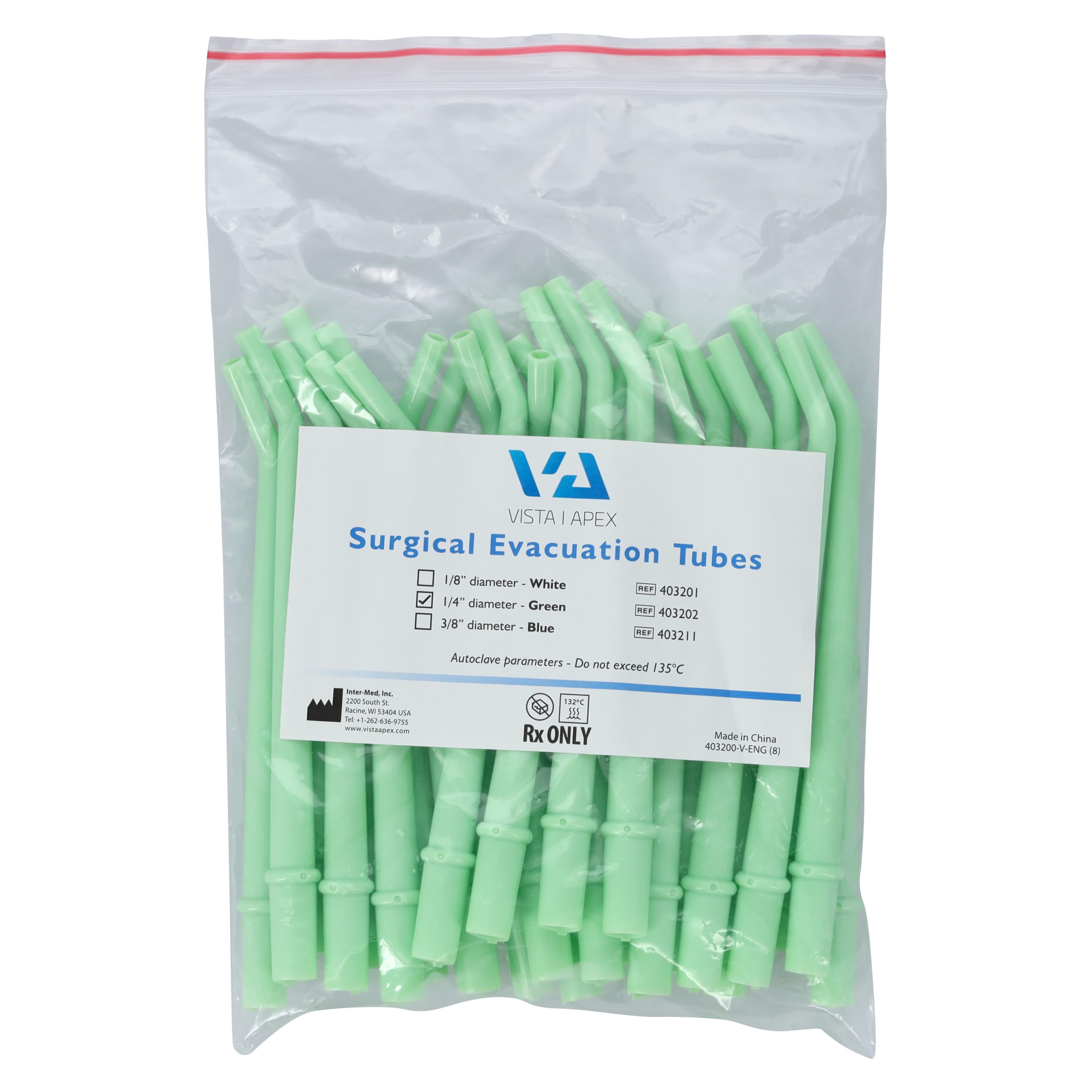 Vista Apex Surgical Evacuation Tubes, Green, 1/4" Diameter, 6" Length, Pre-Bent 30°, Autoclavable, 25/Bag, 403202 thumbnail 3