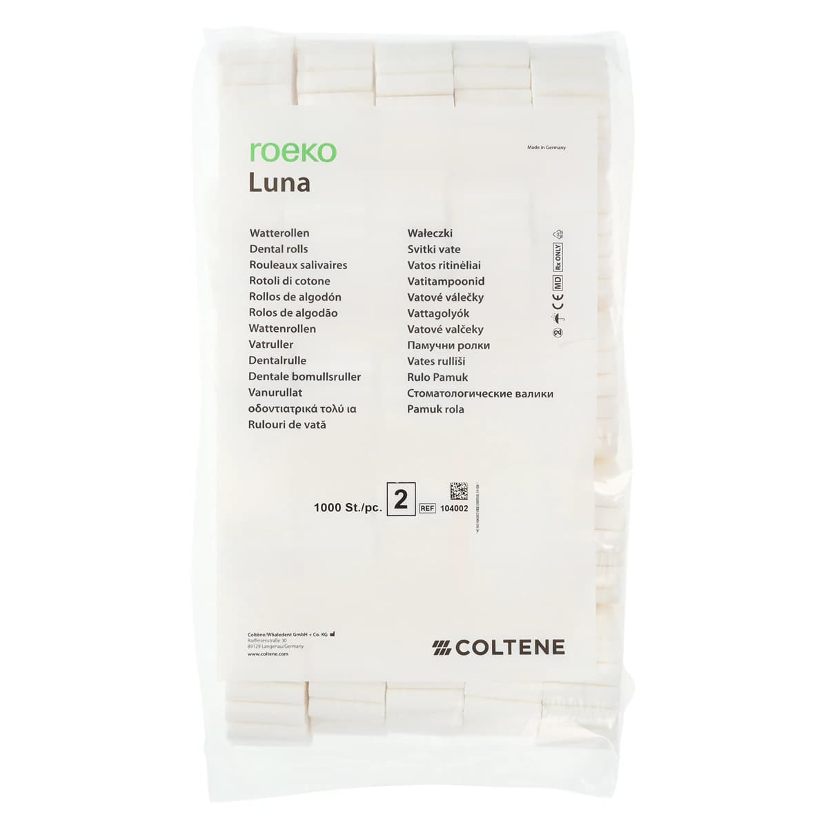 ROEKO Luna Cotton Rolls #2, 1.5" x 3/8", Non-Sterile, Unstarched, 1000/Box, 104002 - ROEKO Luna Cotton Rolls #2, 1000 Rolls/Box, 104002 - Image 1
