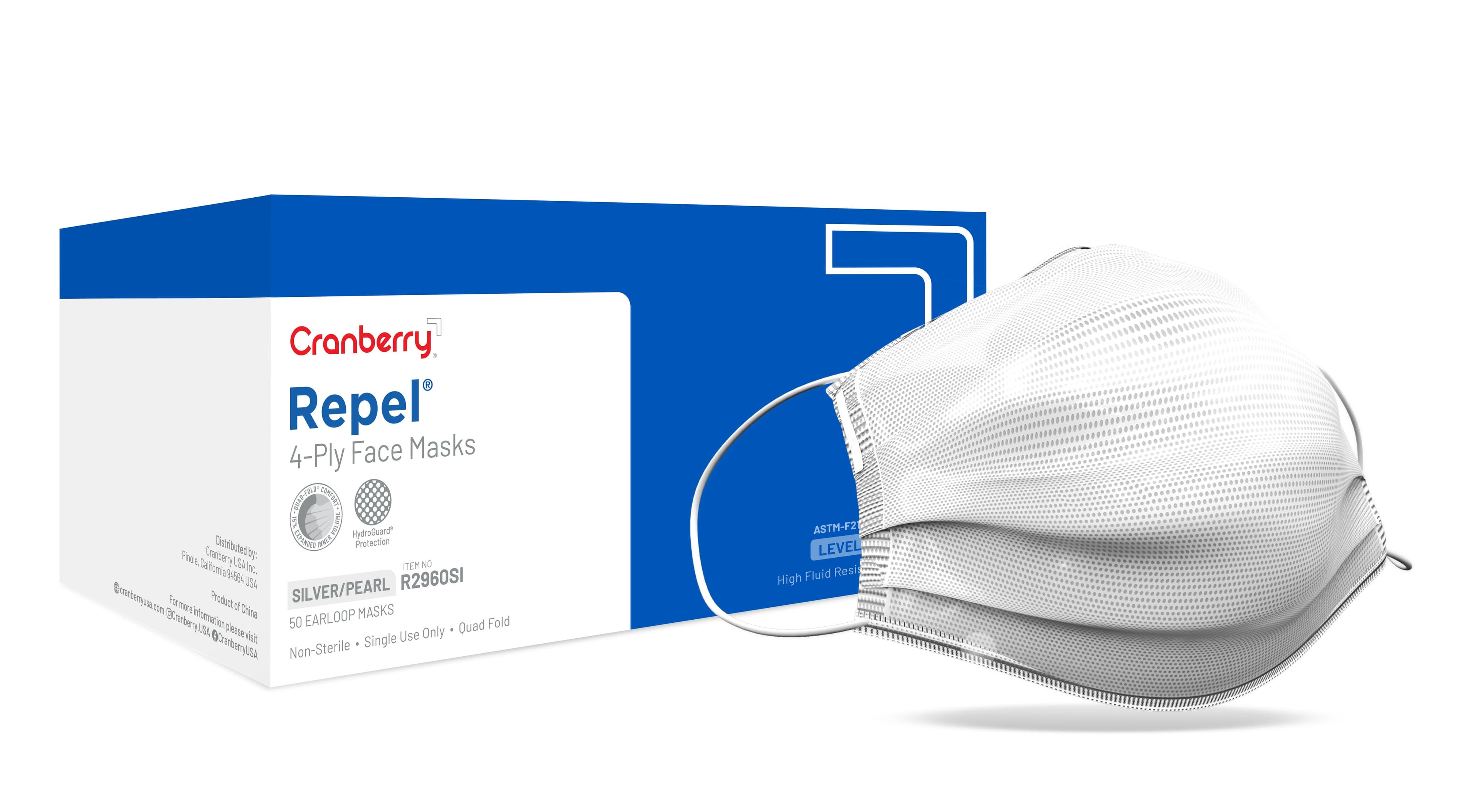 Cranberry Repel 4-Ply Earloop Procedure Face Mask, ASTM Level 3, Pearl Silver, One Size Fits Most, 50/Box, R2960SI thumbnail 11