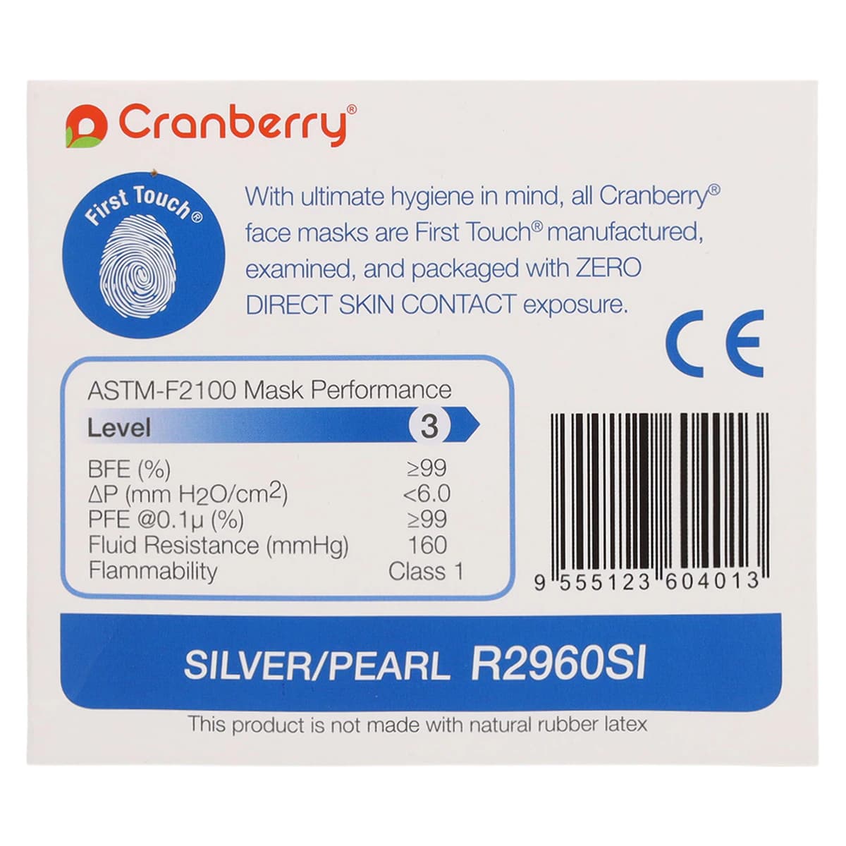 Cranberry Repel 4-Ply Earloop Procedure Face Mask, ASTM Level 3, Pearl Silver, One Size Fits Most, 50/Box, R2960SI thumbnail 8
