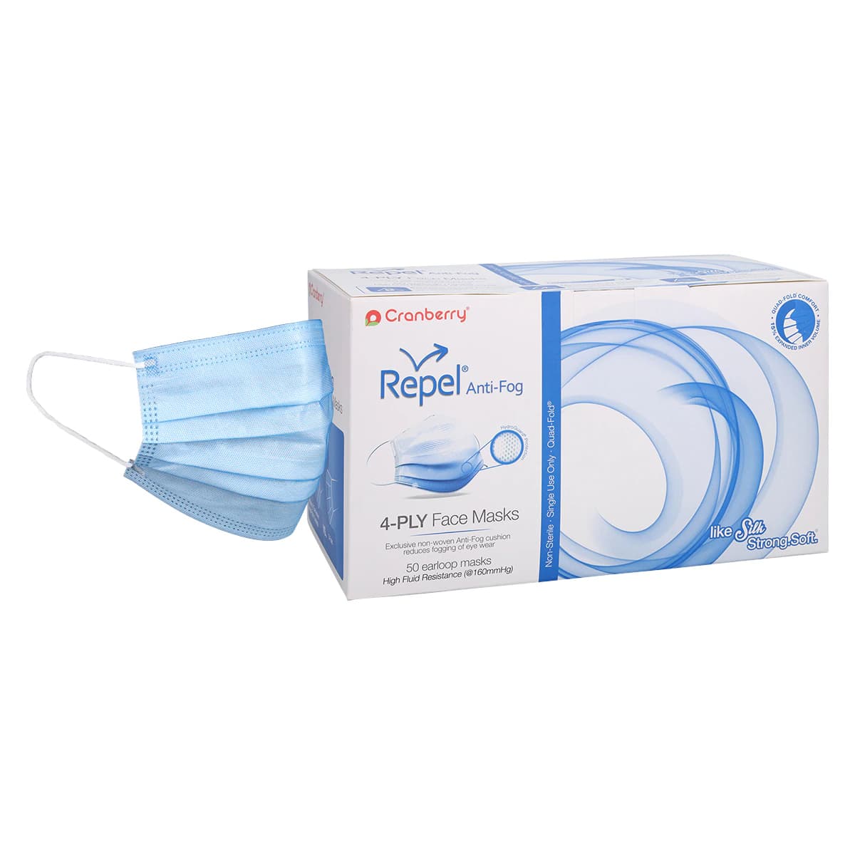 Cranberry Repel Anti-Fog 4-Ply Earloop Face Mask, ASTM Level 3, Sapphire, 50/Box, R2970SA thumbnail 2