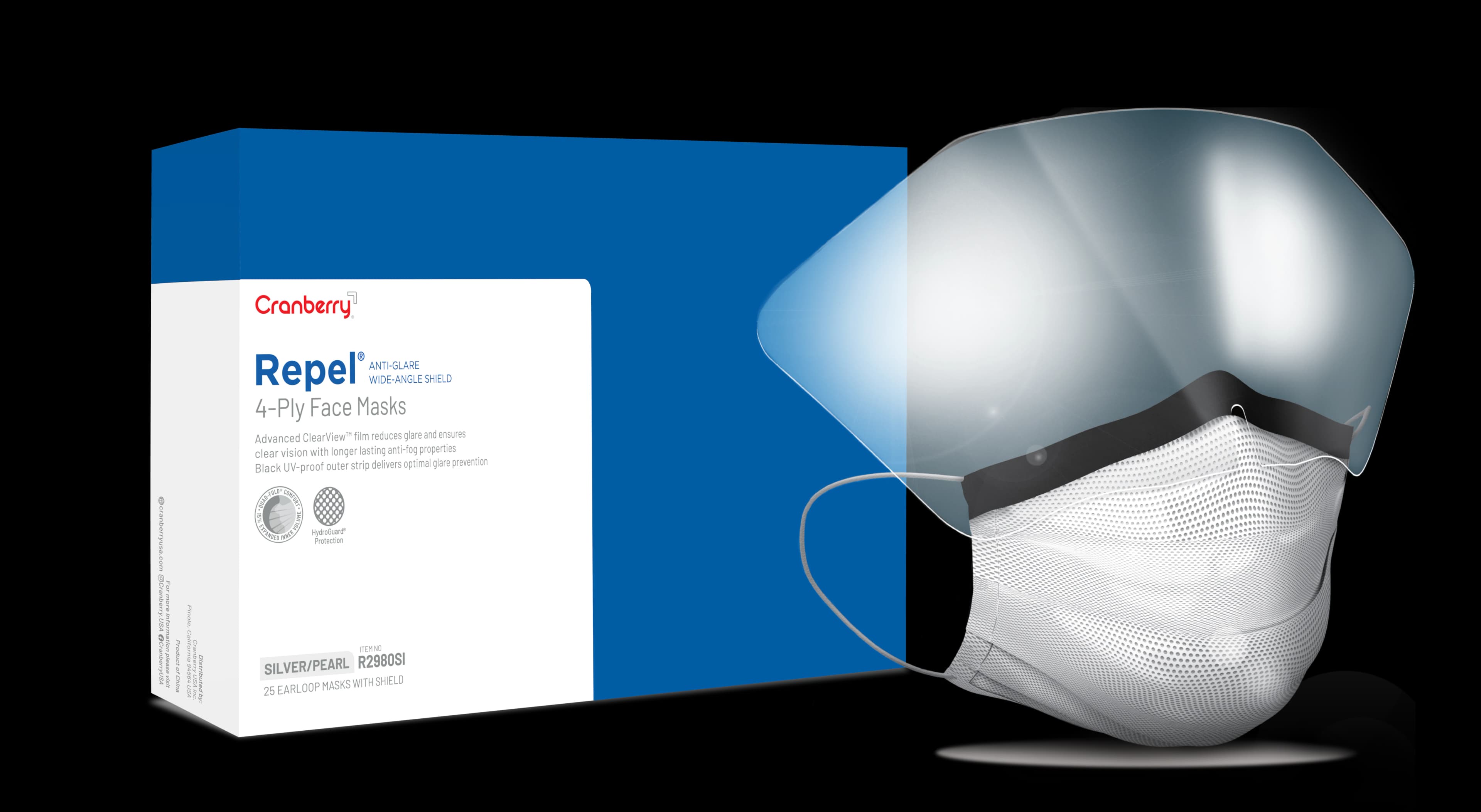 Cranberry Repel 4-Ply Anti-Glare Wide-Angle Earloop Face Mask with Shield, ASTM Level 3, Pearl Silver, 25/Box, R2980SI - Repel 4-Ply Anti-Glare Wide-Angle Shield Face Masks - Image 1