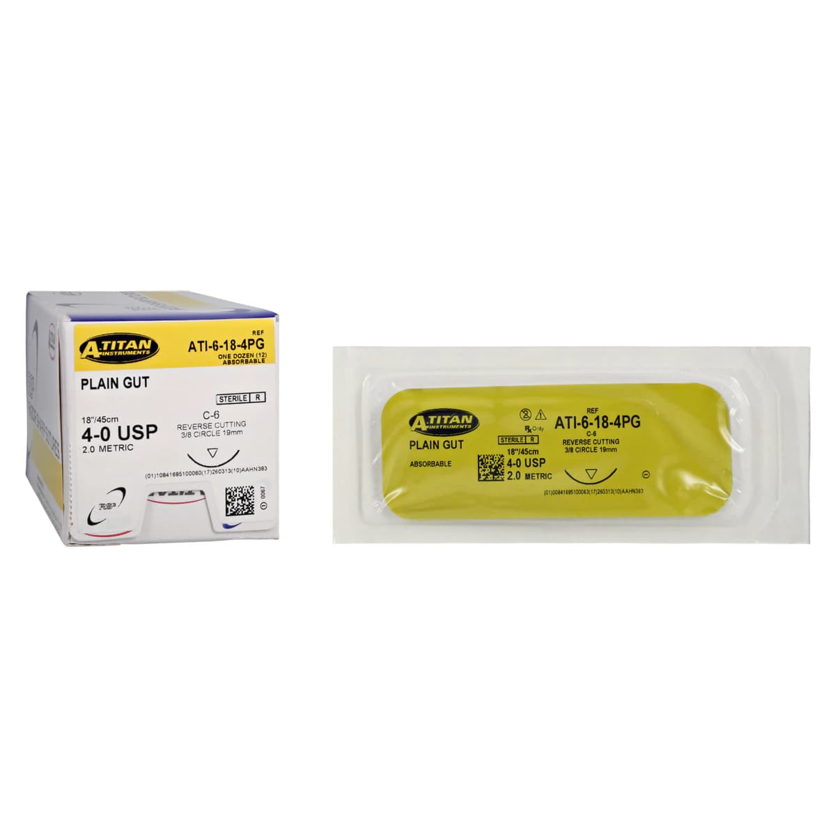 A. Titan Instruments RS3 Plain Gut Absorbable Suture, 4-0, 18", C-6 Reverse Cutting 3/8 Circle Needle, 19mm, Undyed, 12/Box thumbnail 2