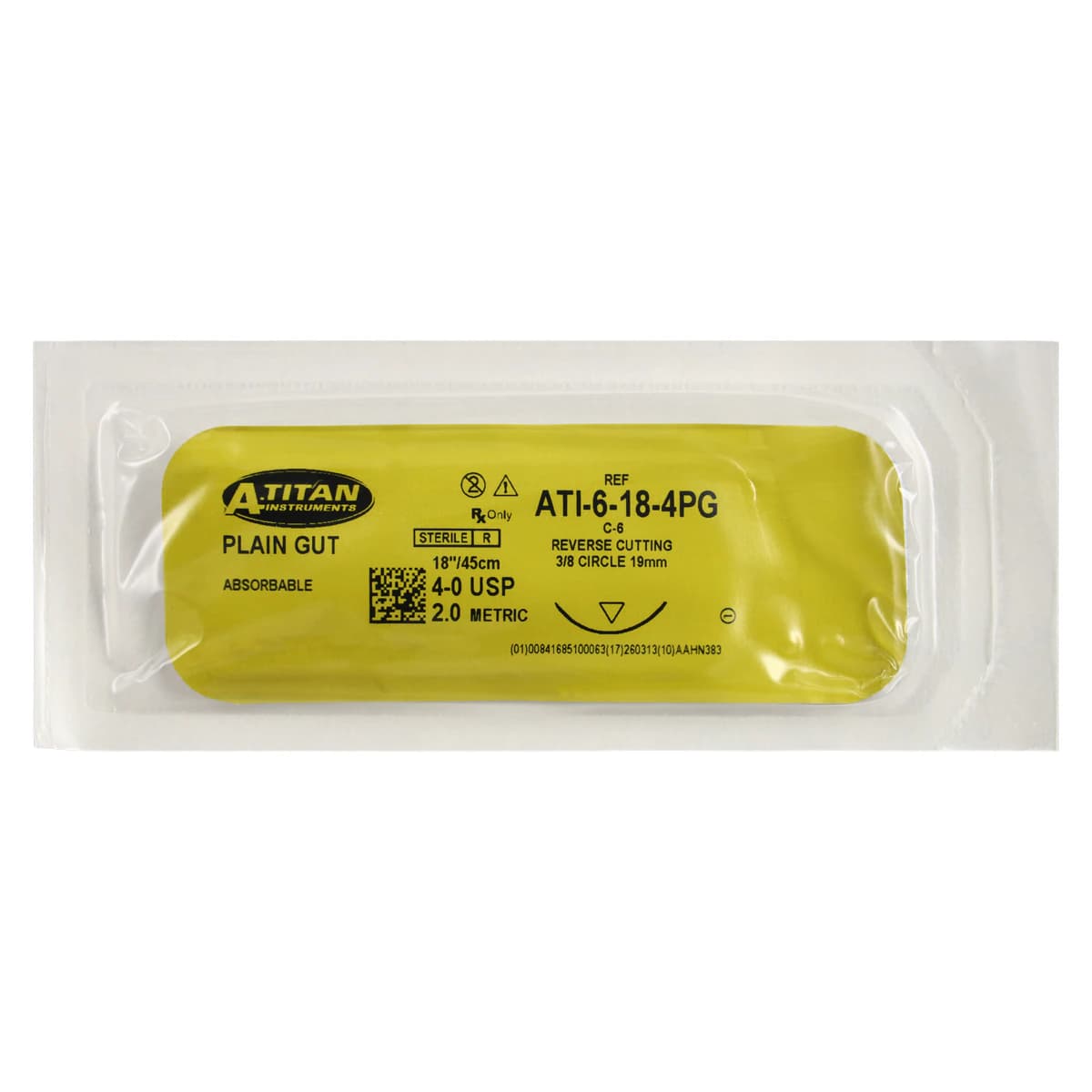 A. Titan Instruments RS3 Plain Gut Absorbable Suture, 4-0, 18", C-6 Reverse Cutting 3/8 Circle Needle, 19mm, Undyed, 12/Box thumbnail 3