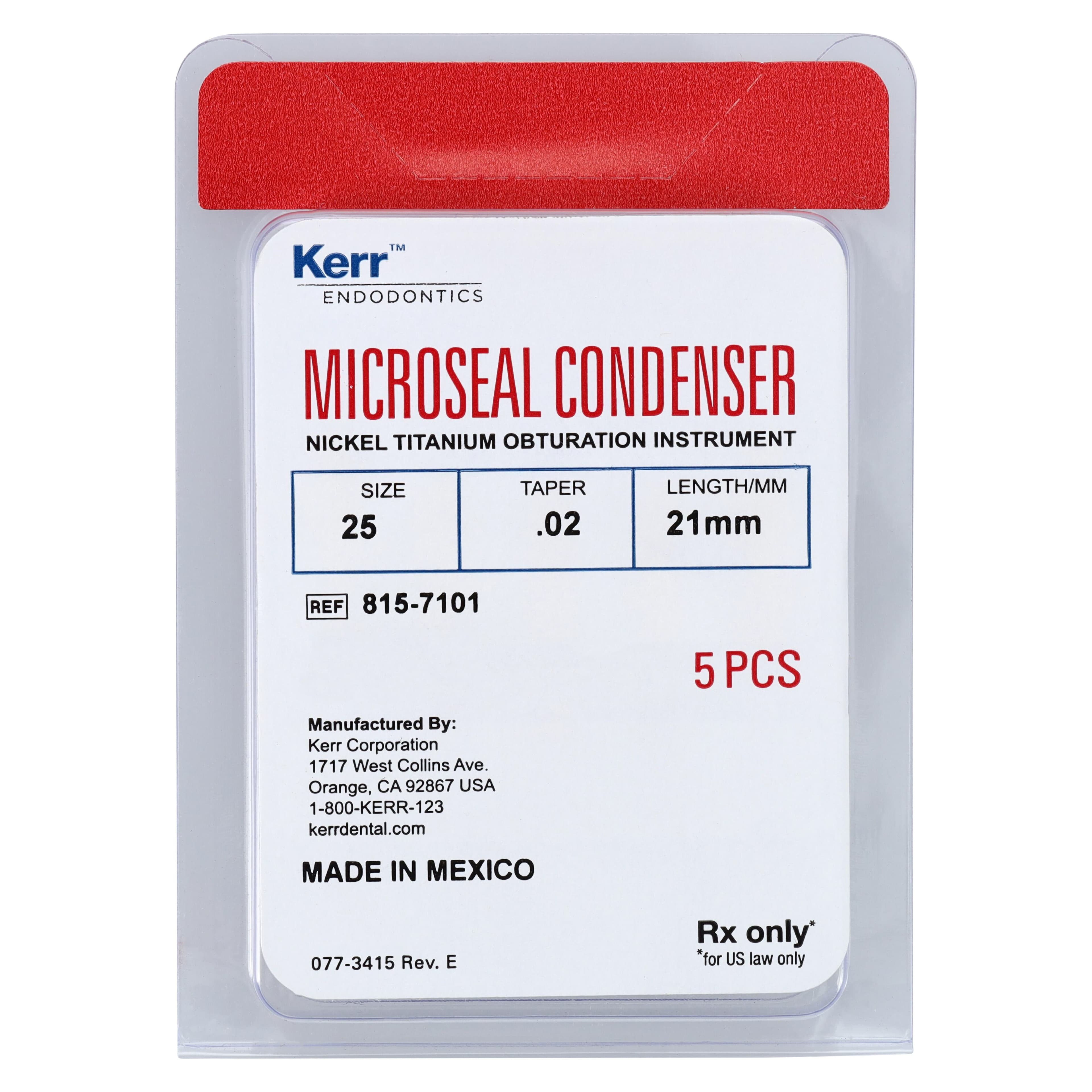 MicroSeal NiTi Condenser, Size 25, .02 Taper, 21mm, Red, 5/Pkg, 815-7101 thumbnail 2