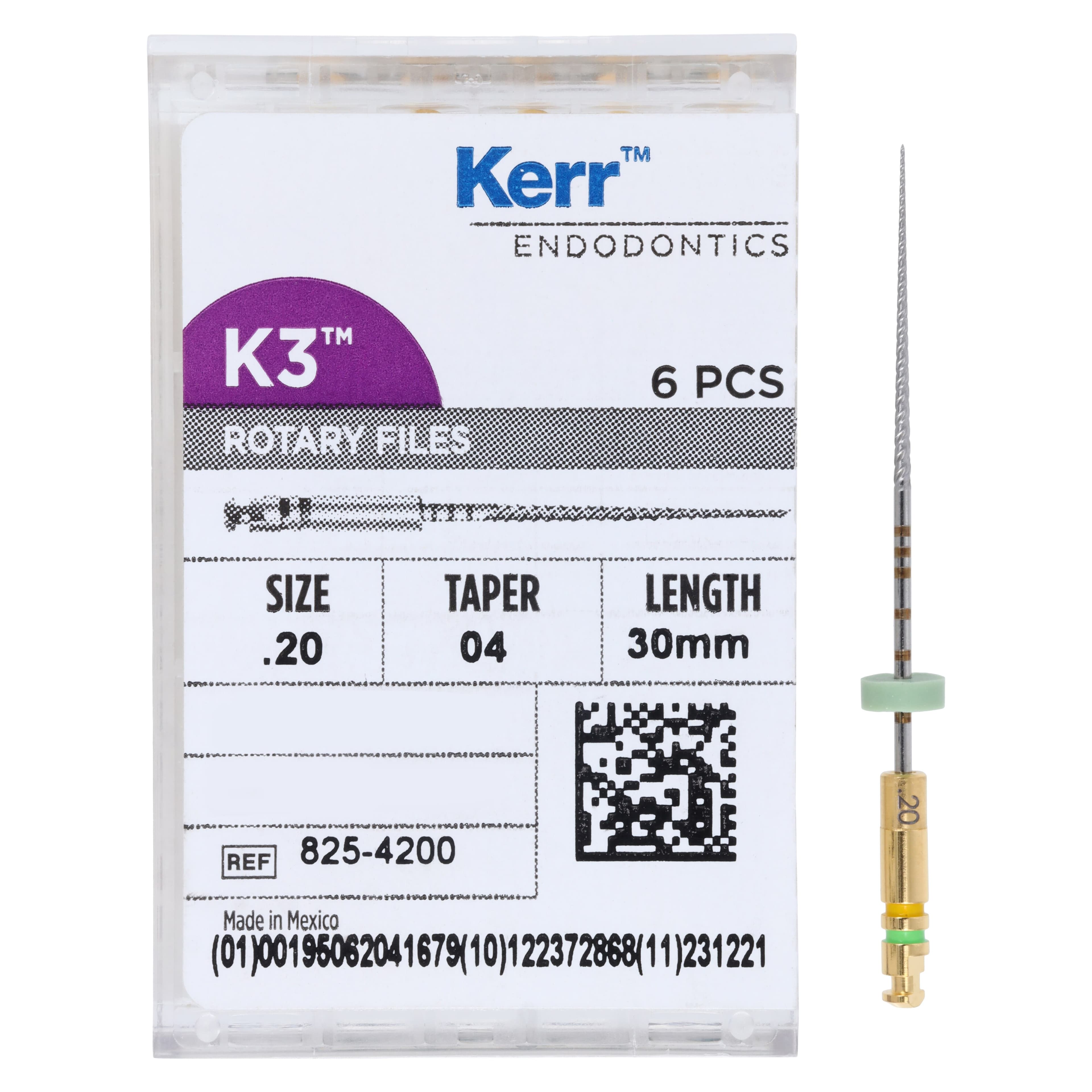 K3 Nickel-Titanium Rotary Endodontic Files, 30 mm, 0.04 Taper, #20, Yellow, 6/Pk, 825-4200 thumbnail 4