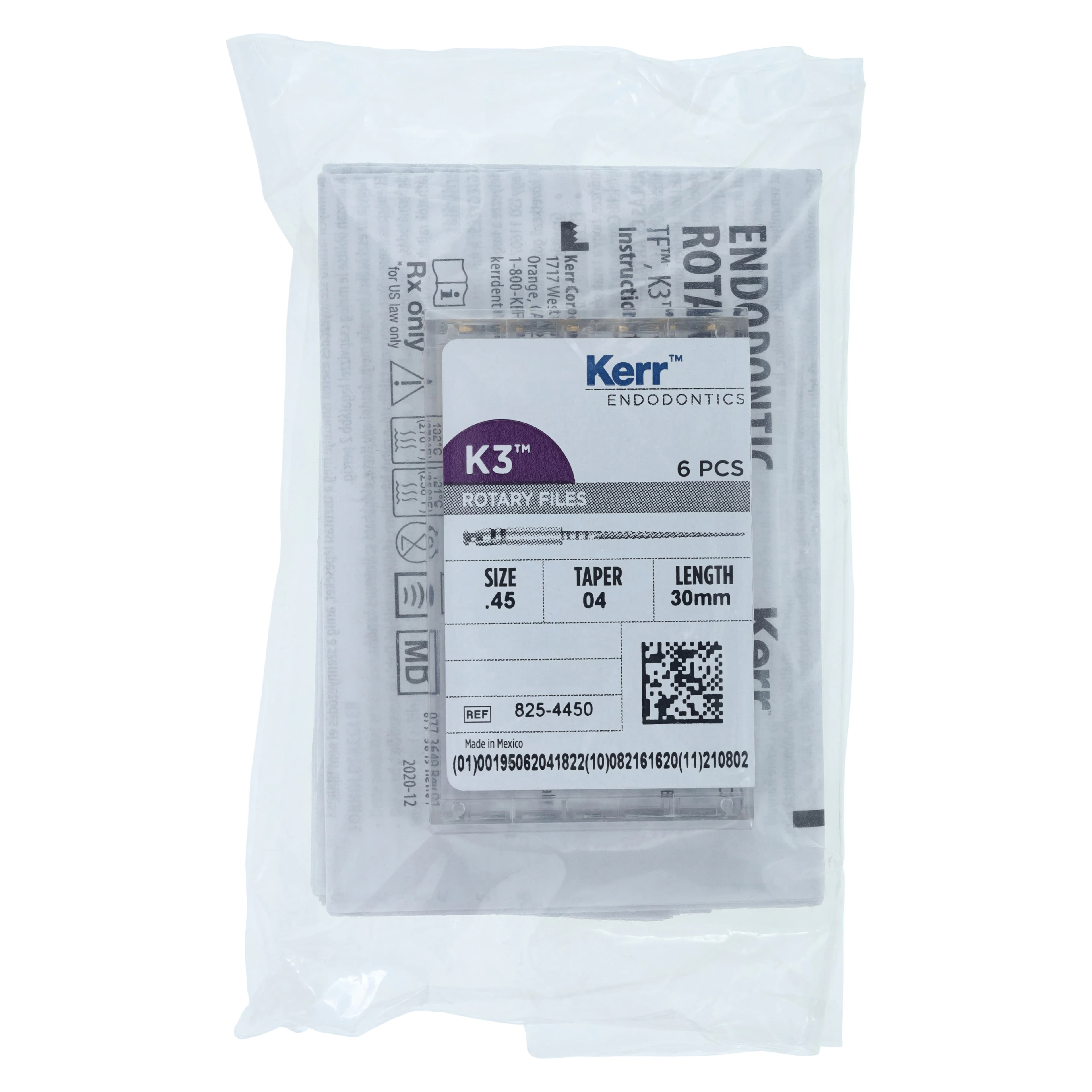 K3 Nickel-Titanium Rotary Endodontic Files, #45, .04 Taper, 30 mm, 6/Pkg, 825-4450 - K3 Rotary Nickel Titanium Files 30 mm - Image 1