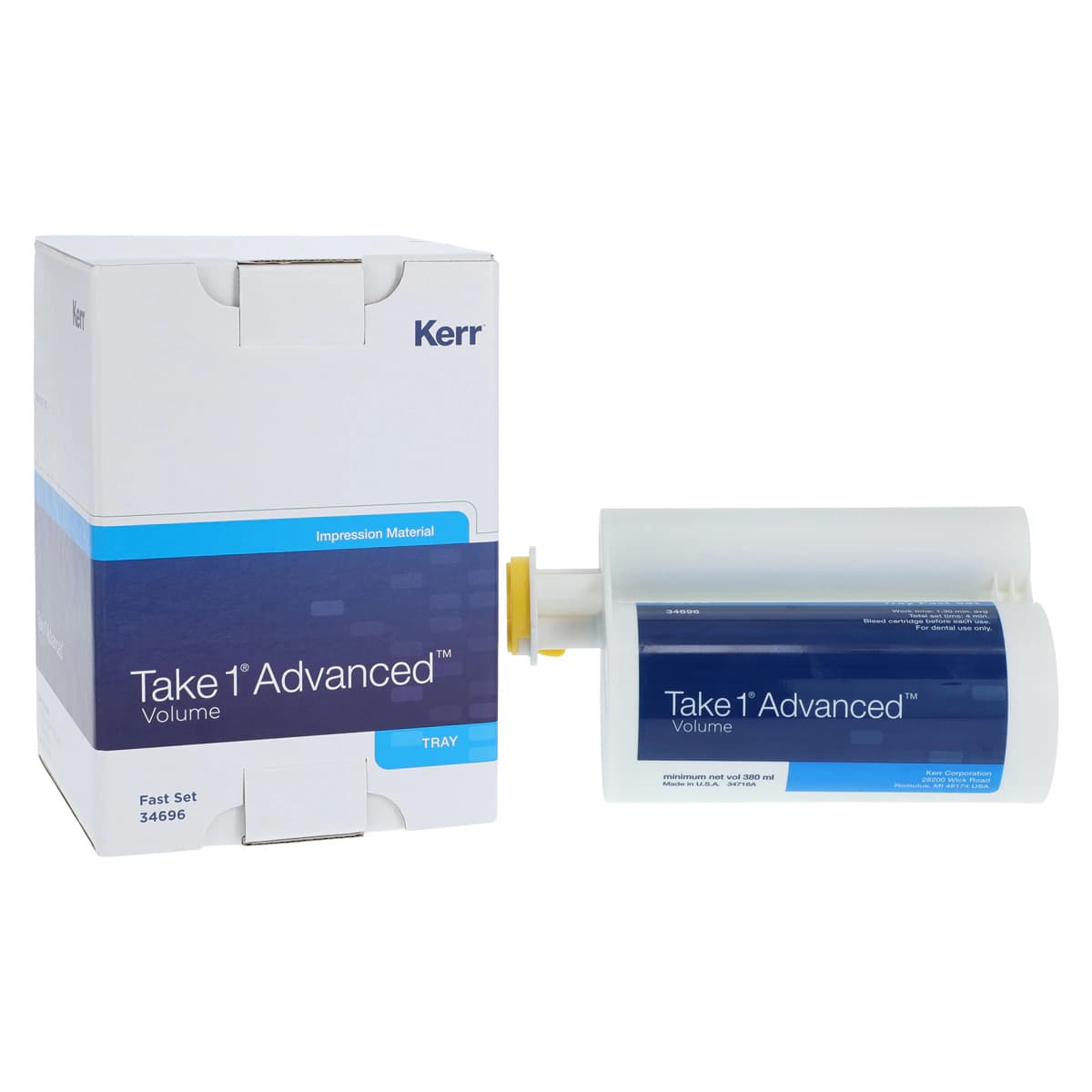 Take 1 Advanced VPS Impression Material, Volume Tray, Fast Set, Heavy Body, Dark Blue, 380 ml Hard Cartridge, 2/Pk, 34696 - Take 1 Advanced, Volume Tray, Fast Set, 380 ml, 2/Pk, 34696 - Image 1