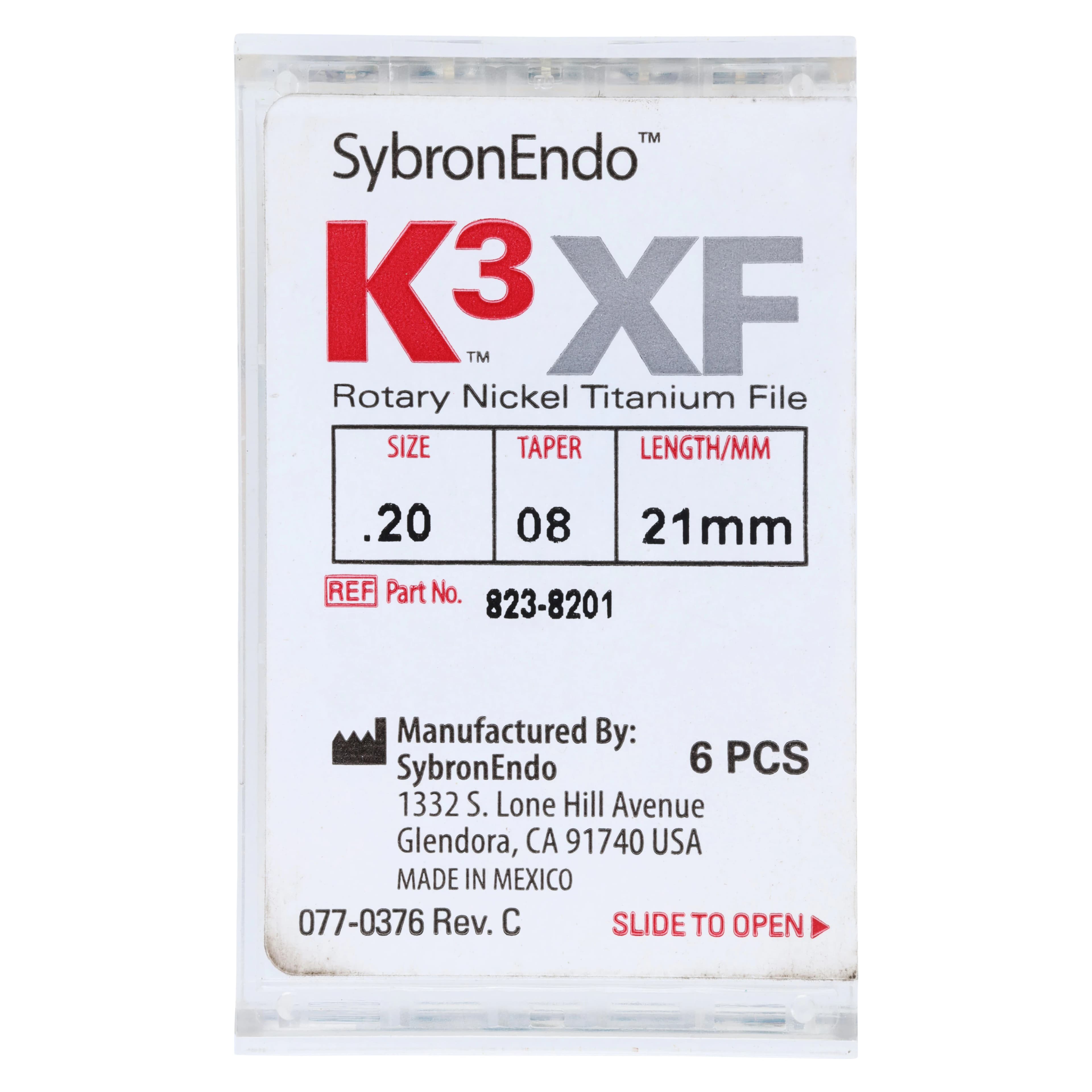 Kerr K3XF Nickel Titanium Rotary Endodontic Files, #20, .08 Taper, 21mm, Yellow, 6/Pk, 823-8201 - #20 Yellow .08 K3XF Nickel Titanium Files 21mm Pack of 6 - Image 1
