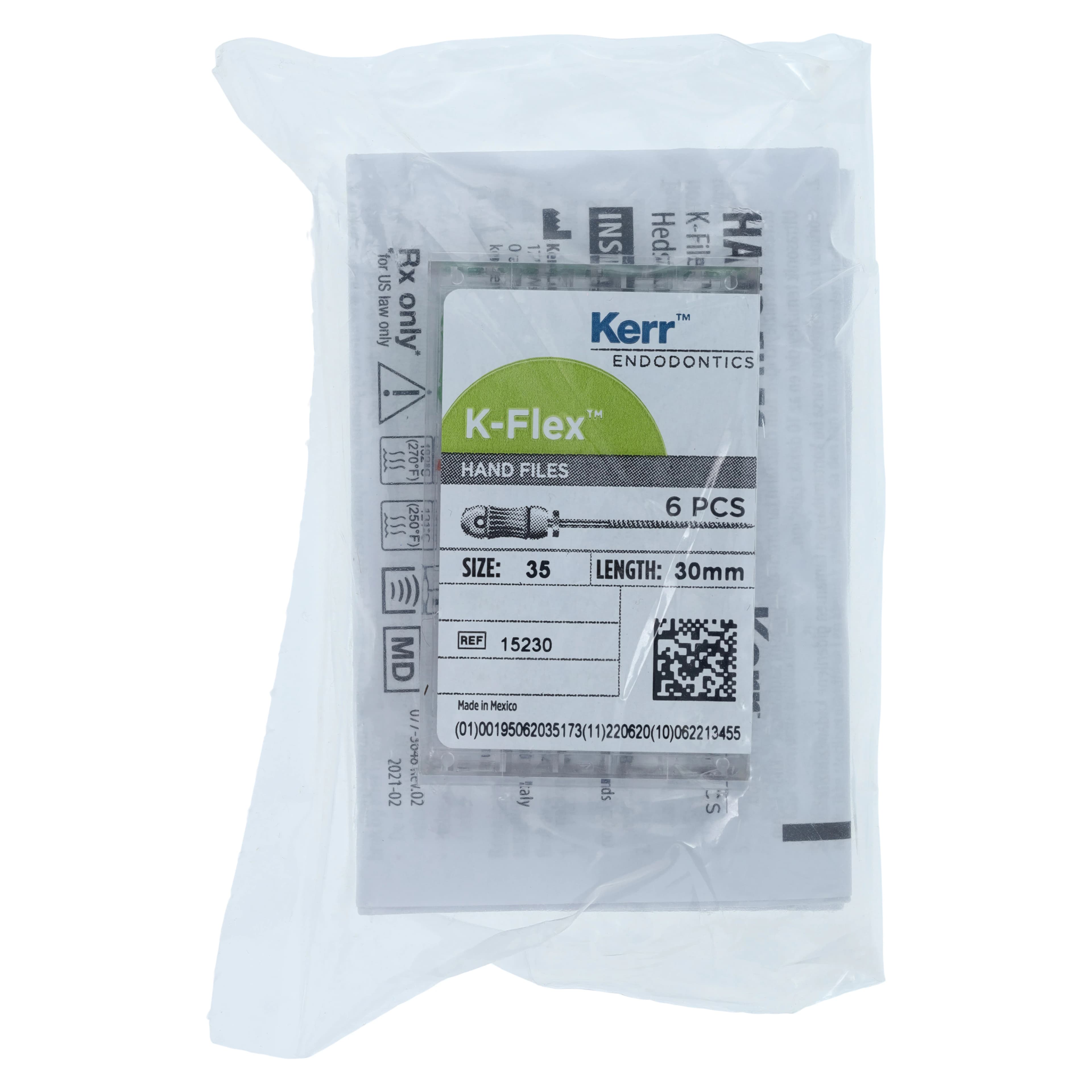 Kerr K-Flex Stainless Steel Hand Files, 30 mm, #35, Green, 6/Pk, 15230 - #35 Green SybronEndo K-Flex Files 30mm Pack of 6 - Image 1