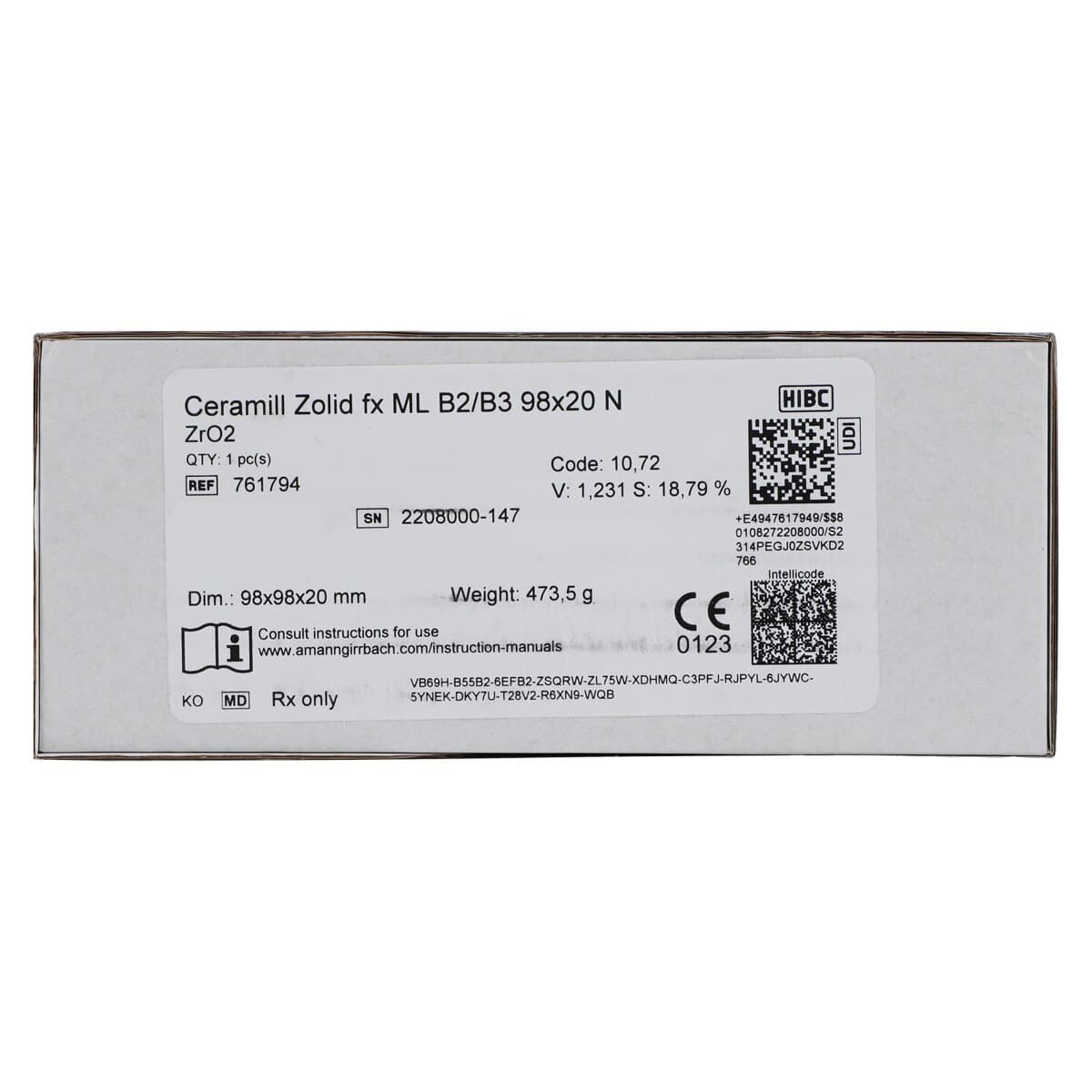 Ceramill Zolid FX Multilayer Zirconia Disc, Shade B2/B3, 98 x 20 mm, 1 Disc thumbnail 5