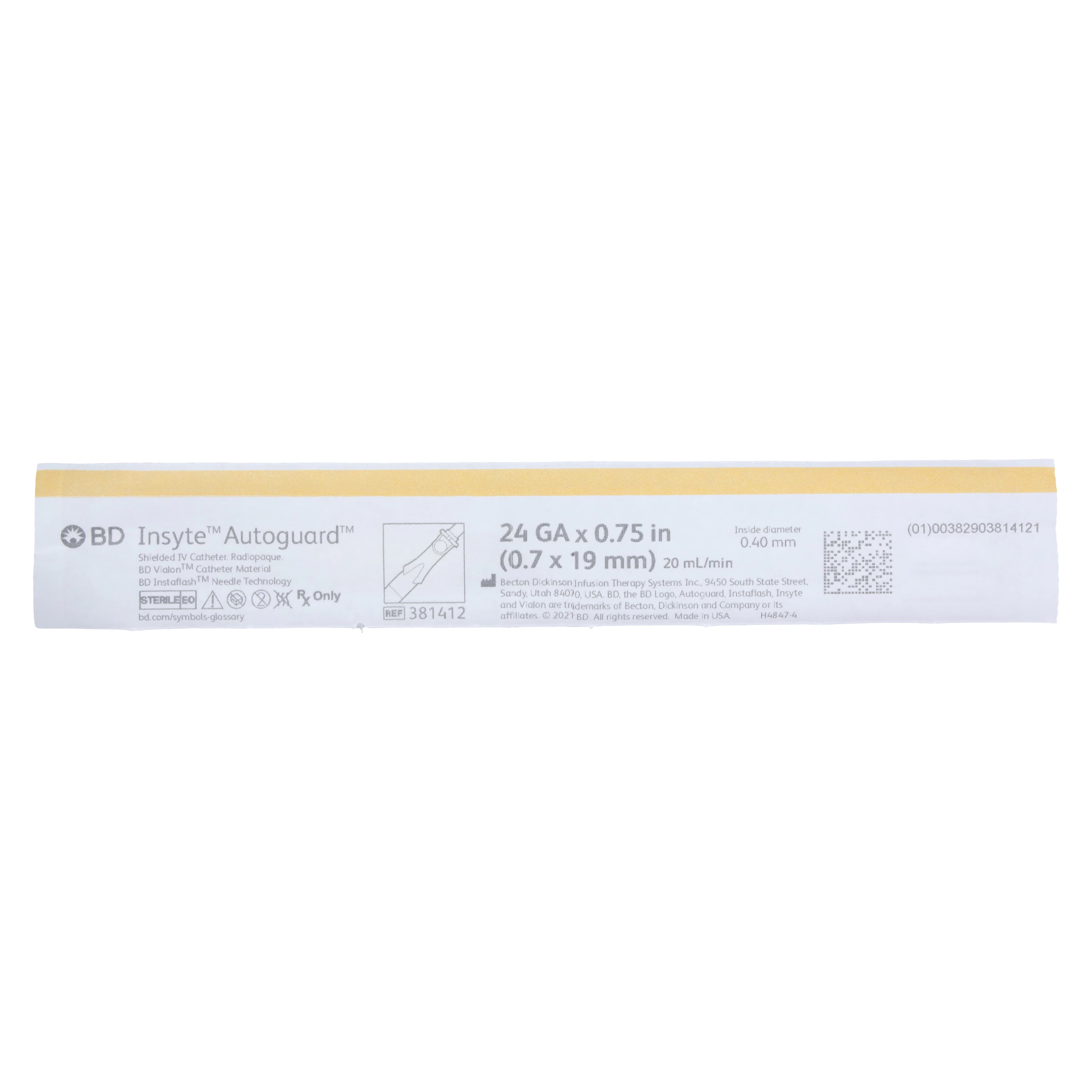 BD Insyte Autoguard Shielded IV Catheter, 24G x 3/4", Yellow, Notched Needle, Vialon, Sterile, 50/Bx, 4 Bx/Cs, 381412 thumbnail 6