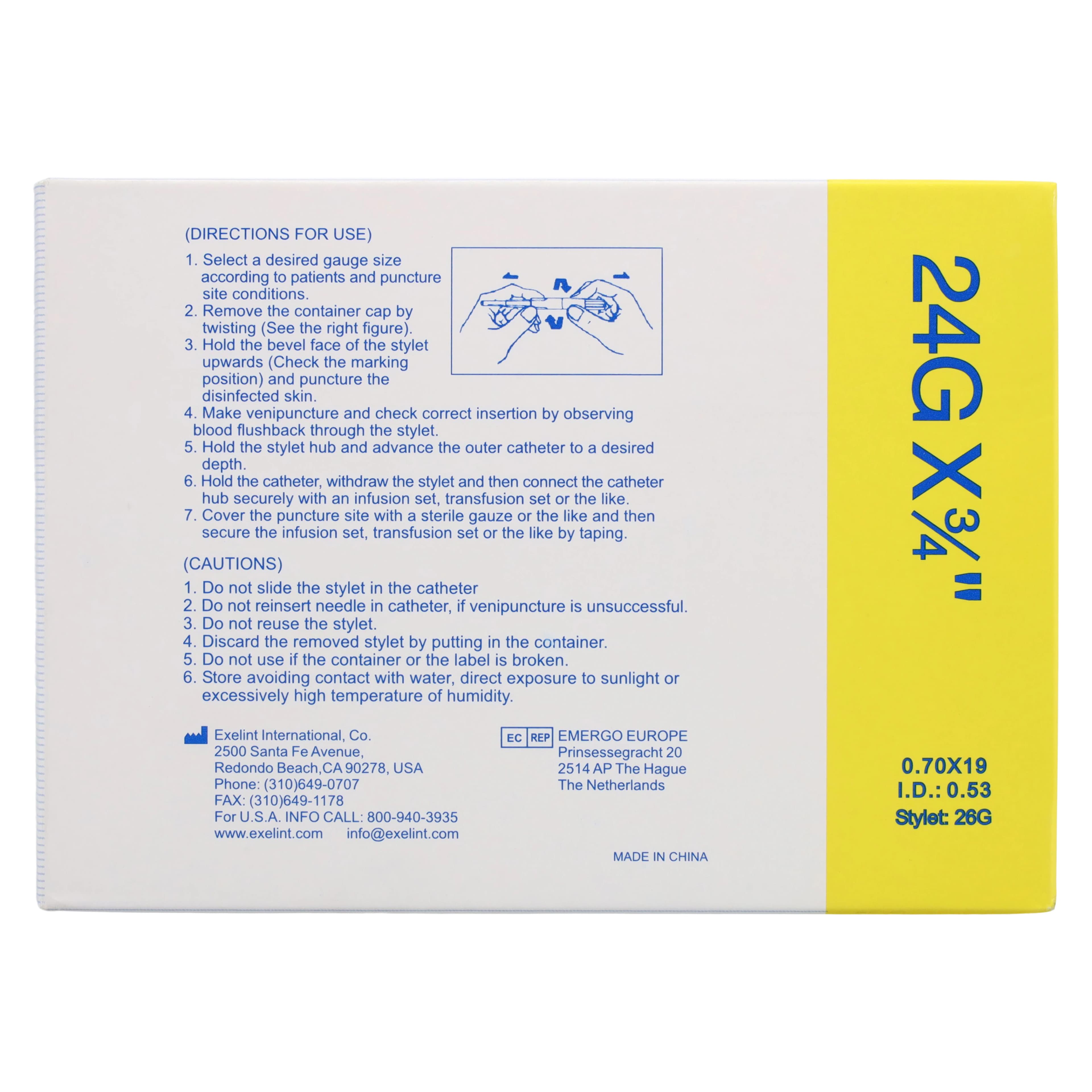 Exel Safelet IV Catheter, 24G x 3/4", Wingless, Sterile, 50/Box thumbnail 8