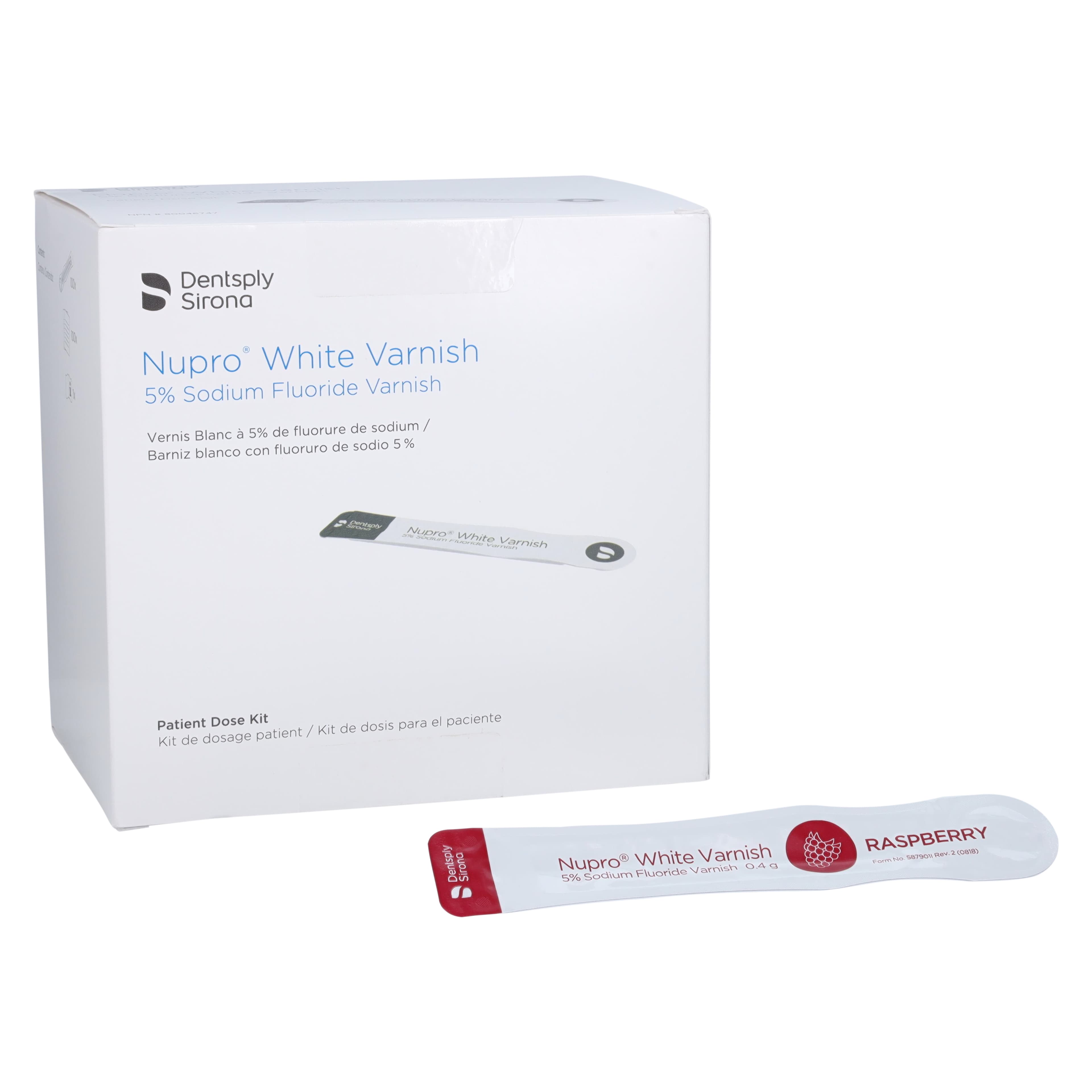 NUPRO White Varnish 5% Sodium Fluoride, Raspberry, 0.4 g, Easy Application Packages, 100/Box, 130327 - Nupro 5% AppPk Wht Varnish Raspberry 0.4g (100) - Image 1