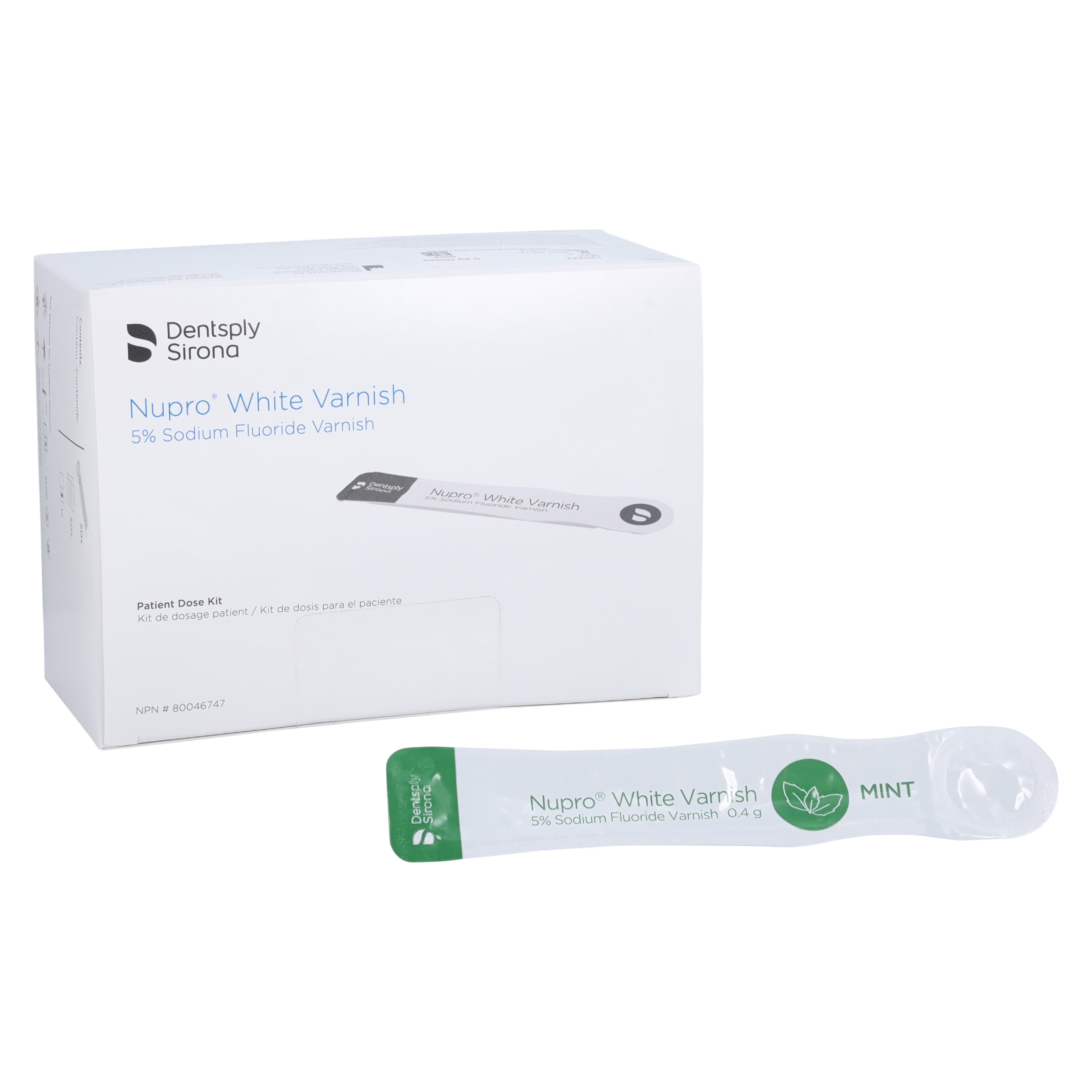 Nupro White Varnish, 5% Sodium Fluoride, Mint, 0.4 g, 50 Application Packs/Box, 130322 - Nupro 5% AppPk Wht Varnish Mint 0.4g (50) - Image 1