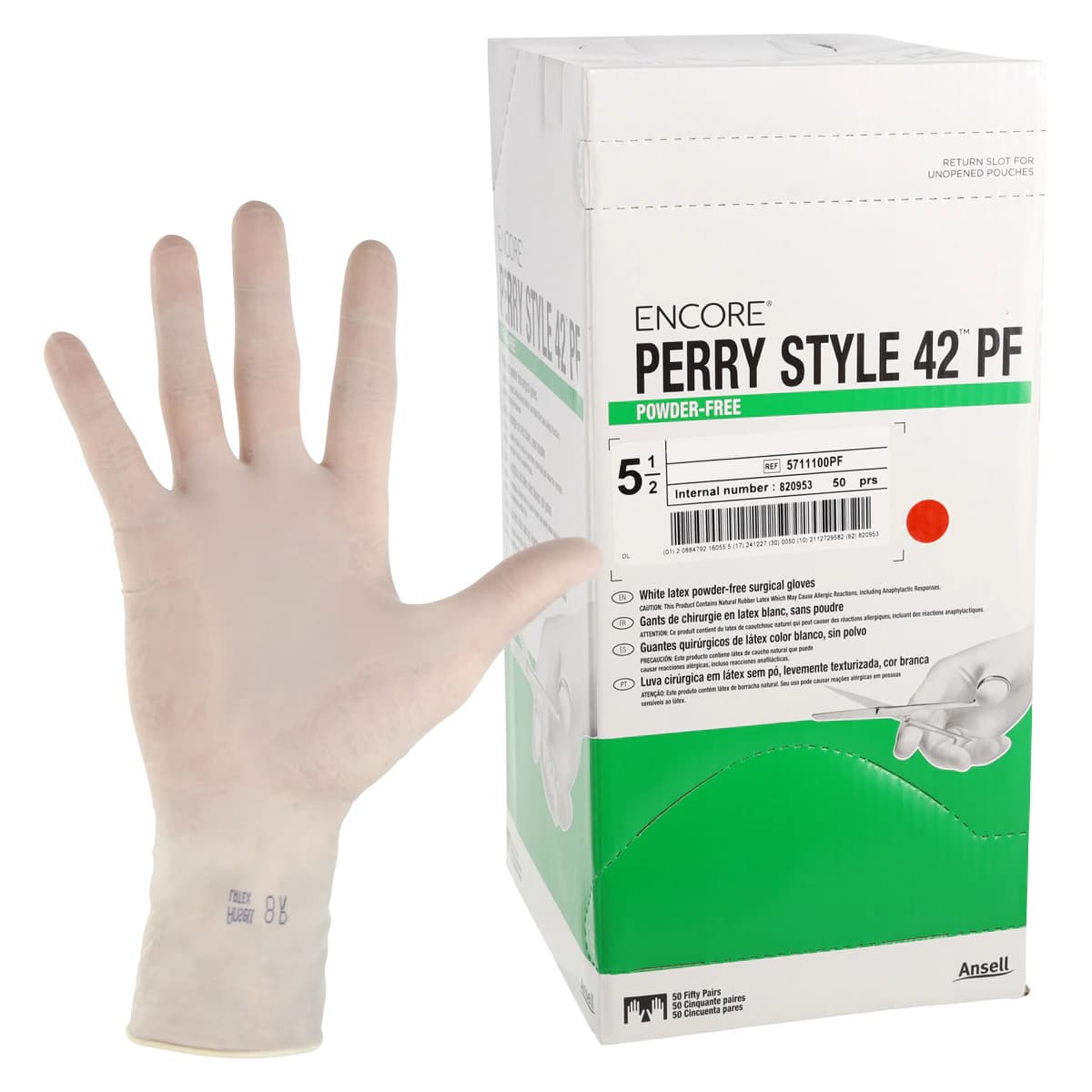 Encore Perry Style 42 Powder-Free Latex Surgical Gloves, Sterile, Size 5.5, Natural, 50 Pairs/Box, 5711100PF - Encore® Perry Style 42™ Latex Surgical Gloves Sterile Fitted Size 5.5 Natural Box of 50 Pairs - Image 1