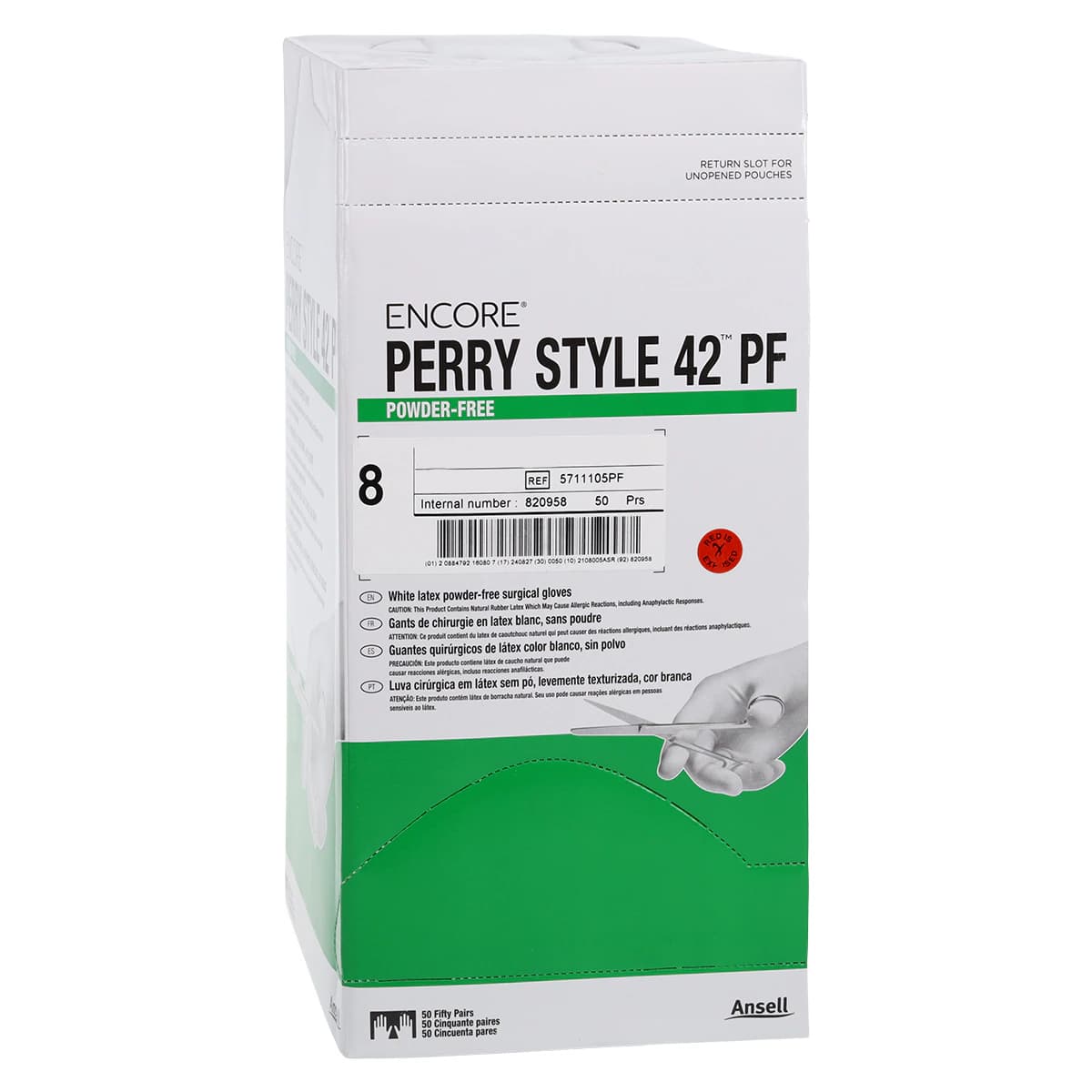Ansell Encore Perry Style 42 Powder-Free Latex Surgical Gloves, Sterile, Size 8, White, 50 Pairs/Box, 5711105PF thumbnail 4