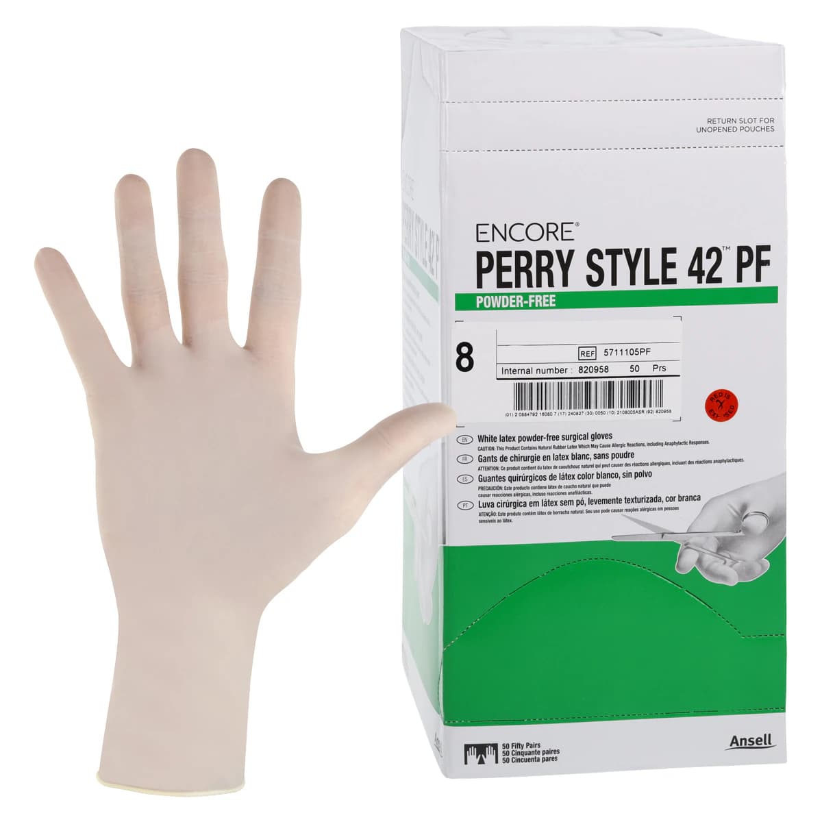 Ansell Encore Perry Style 42 Powder-Free Latex Surgical Gloves, Sterile, Size 8, White, 50 Pairs/Box, 5711105PF - Surgical Gloves, Powder-Free (PF), Latex, Beaded, Size 8, 50 pr/bx, 5711105PF - Image 1