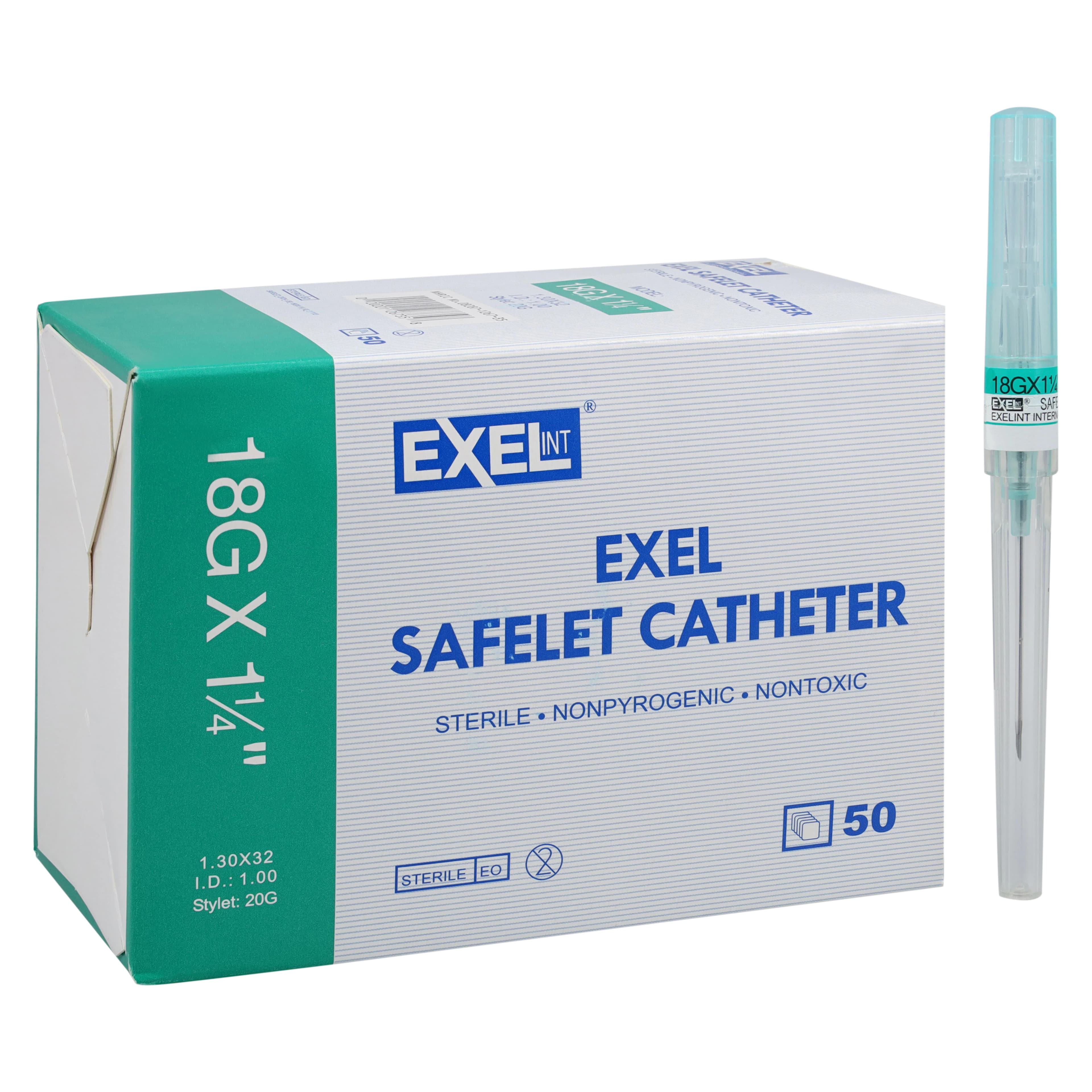 Exel Safelet IV Catheter, 18 Gauge x 1-1/4", Green, Safety with Hydrophobic Membrane Filter, 50/Box - Safelet IV Catheter - Image 1