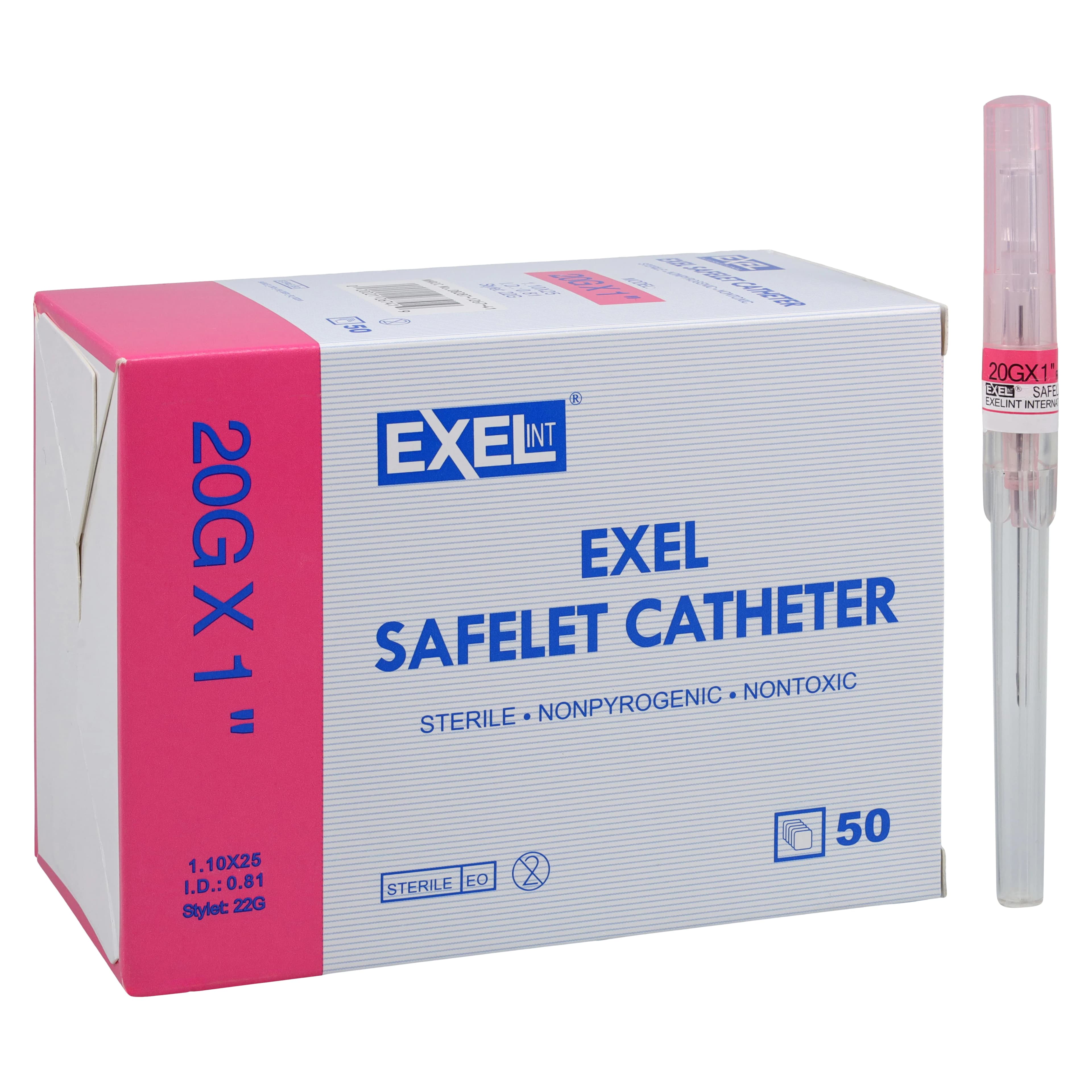 Exel Safelet IV Catheter, 20 Gauge x 1", Pink, Safety with Hydrophobic Membrane Filter, 50/Box thumbnail 2