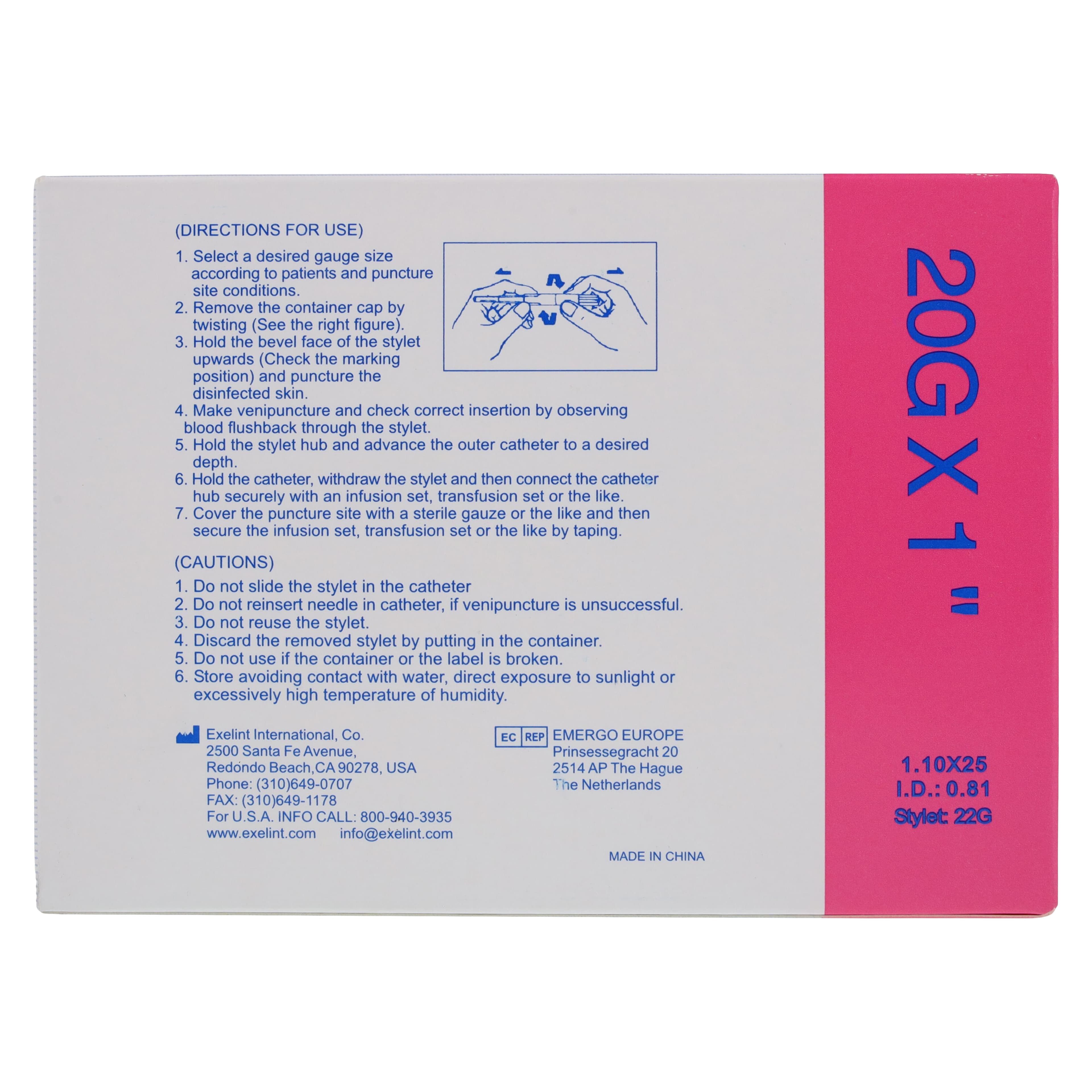 Exel Safelet IV Catheter, 20 Gauge x 1", Pink, Safety with Hydrophobic Membrane Filter, 50/Box thumbnail 7