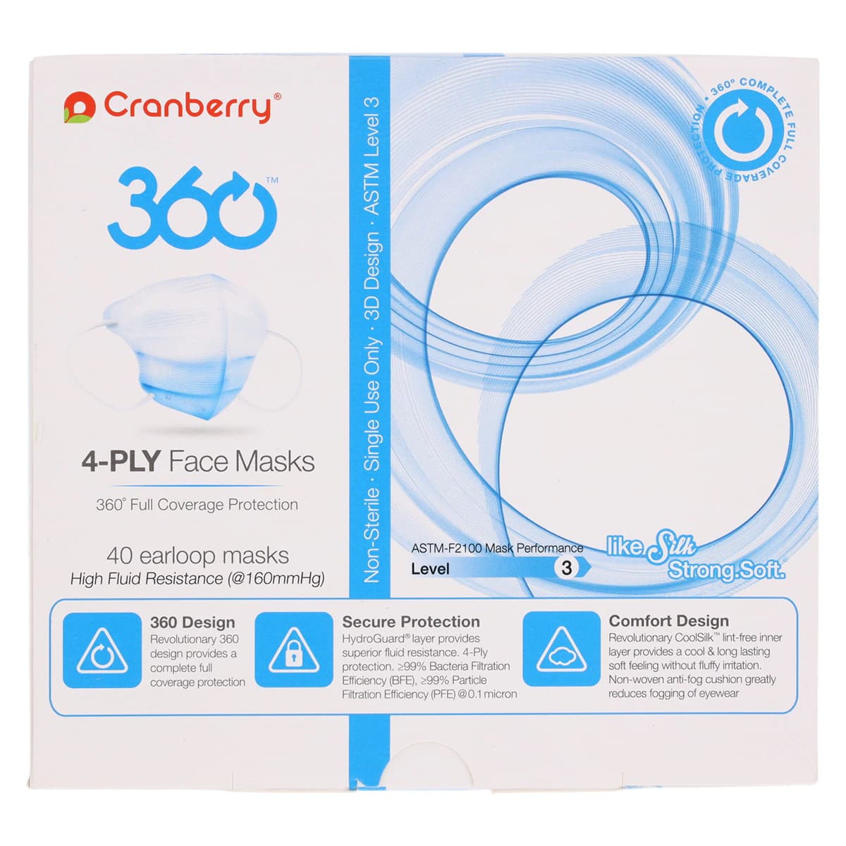 Cranberry 360 4-Ply Earloop Face Masks, ASTM Level 3, Anti-Fog, Latex-Free, Regular, Blue, 40/Box, Q2861B thumbnail 8