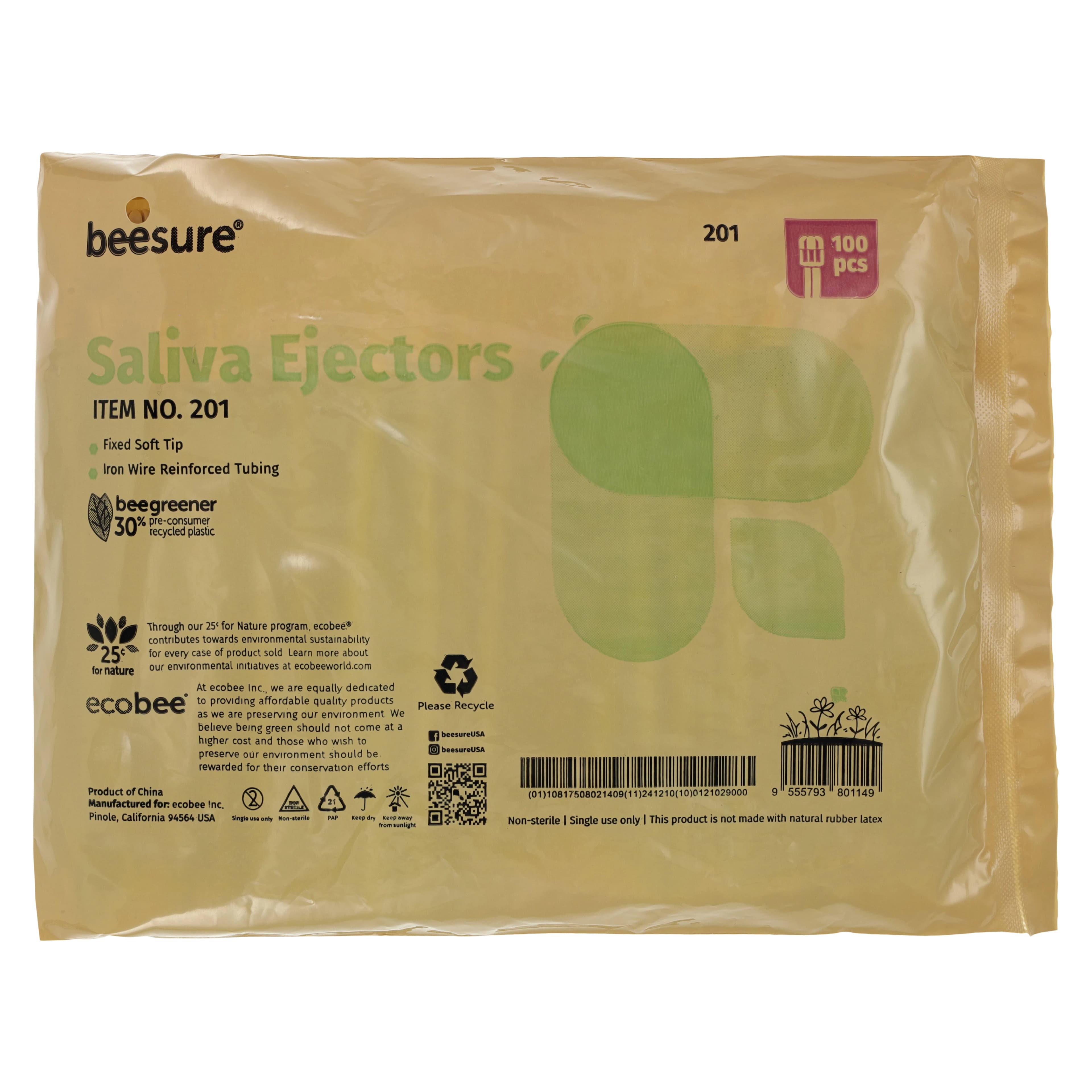 BeeSure Saliva Ejectors, Green with White Tip, Fixed Soft Tip, Latex-Free, 100/Bag, BE201 thumbnail 3