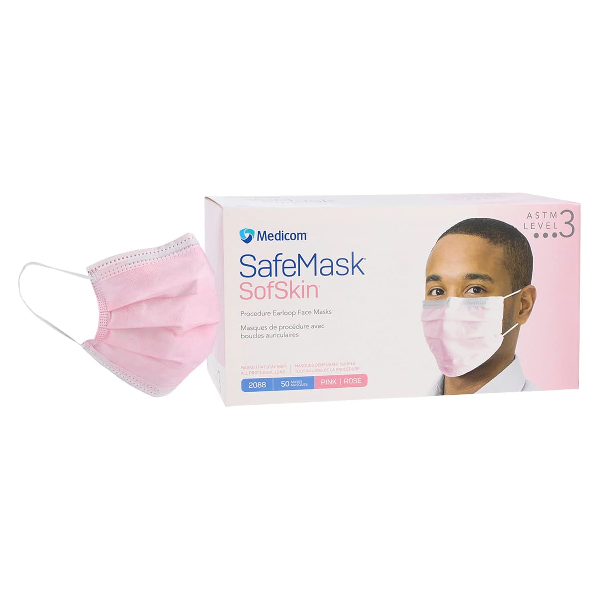 SafeMask SofSkin Procedure Earloop Masks, ASTM Level 3, Pink, 50/Box, 2088 - SafeMask Sof Skin Procedure Earloop Masks, ATSM Level 3, 50/Box, Pink, 2088 - Image 1
