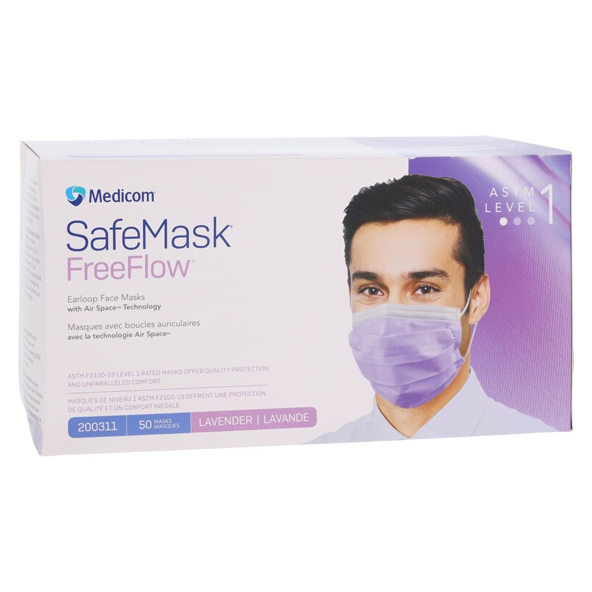 SafeMask® FreeFlow™ Procedure Face Mask, ASTM Level 1, Ear Loop, Lavender, 50/Box, 200311 thumbnail 4