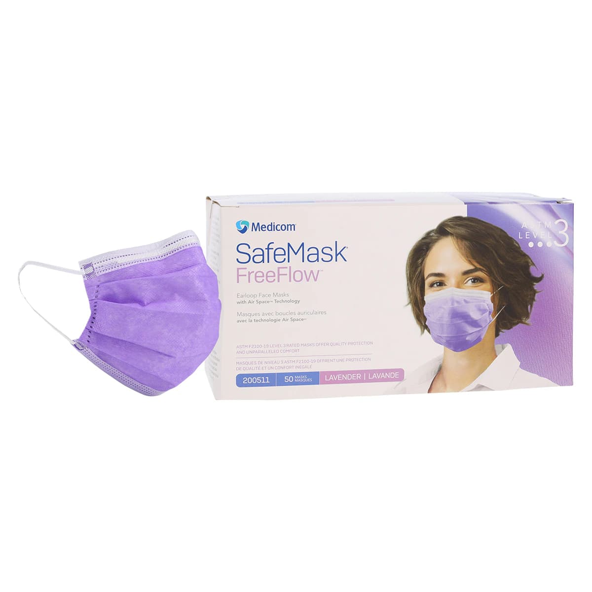 SafeMask FreeFlow Earloop Procedure Face Mask, ASTM Level 3, Fog-Free Strip, Lavender, 50/Box, 200511 - SafeMask FreeFlow Earloop Face Masks - Image 1