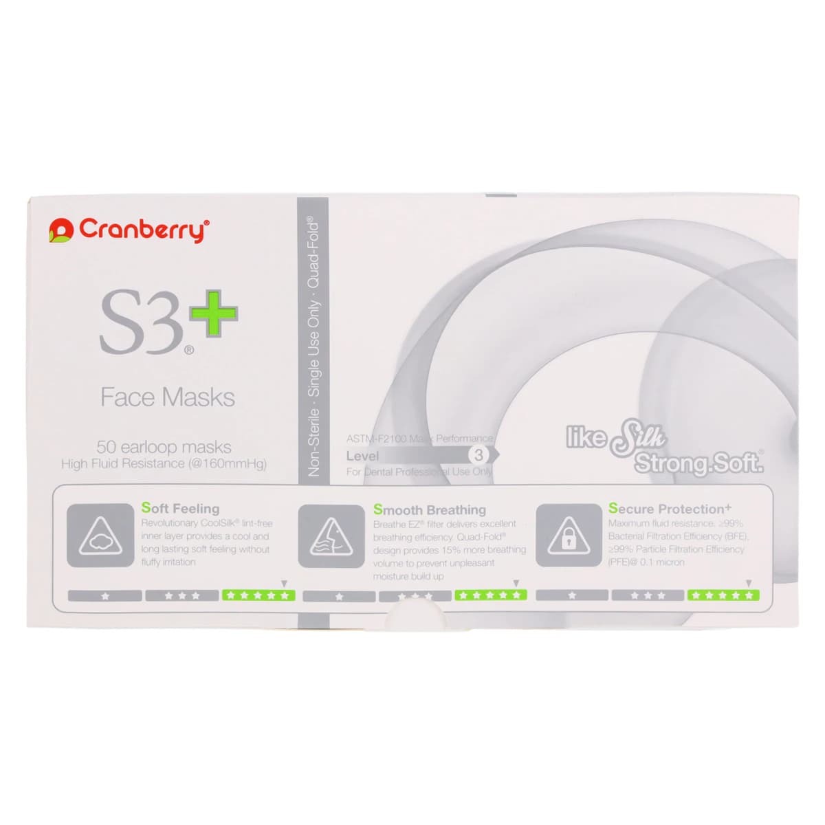 Cranberry S3+ Earloop Face Mask, ASTM Level 3, 3-Ply, Blue, 50/Box, S3160B thumbnail 9