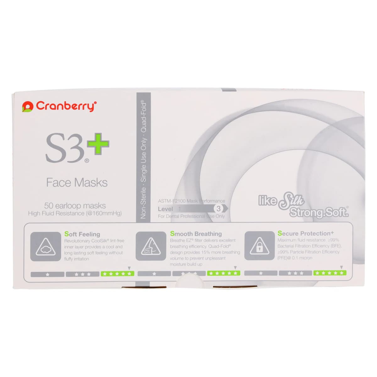 Cranberry S3+ Earloop Face Mask, ASTM Level 3, 3-Ply, White, 50/Box, S3160W thumbnail 9
