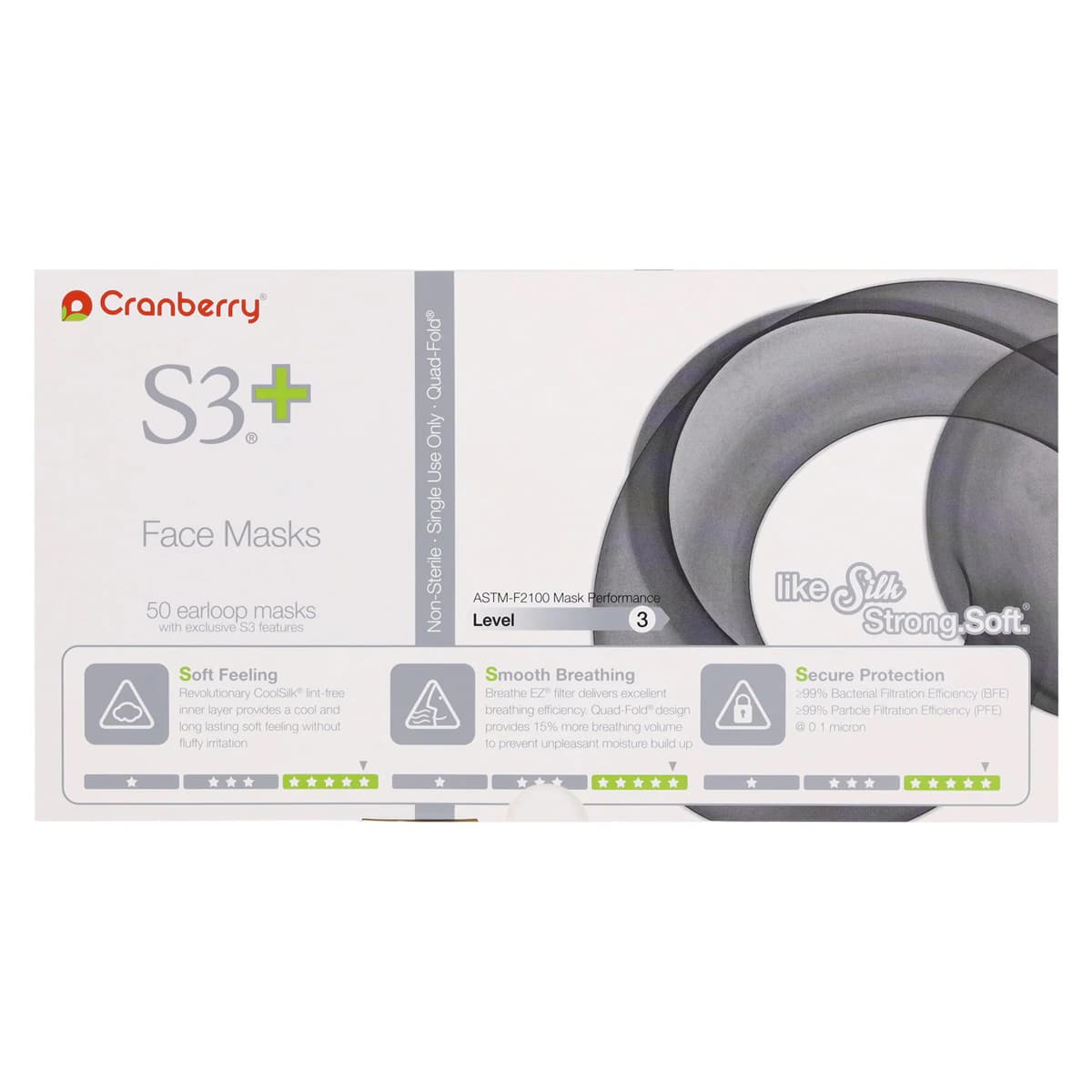 Cranberry S3+ Procedure Face Mask, ASTM Level 3, 3-Ply, Earloop, Black, 50/Box, S3160K thumbnail 9