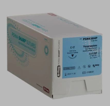 Hu-Friedy Perma Sharp Non-Absorbable Blue Polypropylene Suture, 5-0, C-22 3/8 Circle Reverse Cutting Needle, 18", 12/Box - Perma Sharp&reg; Sutures - Non-Absorbable Blue Polypropylene - 5-0 / C-22 / 18" - Image 1