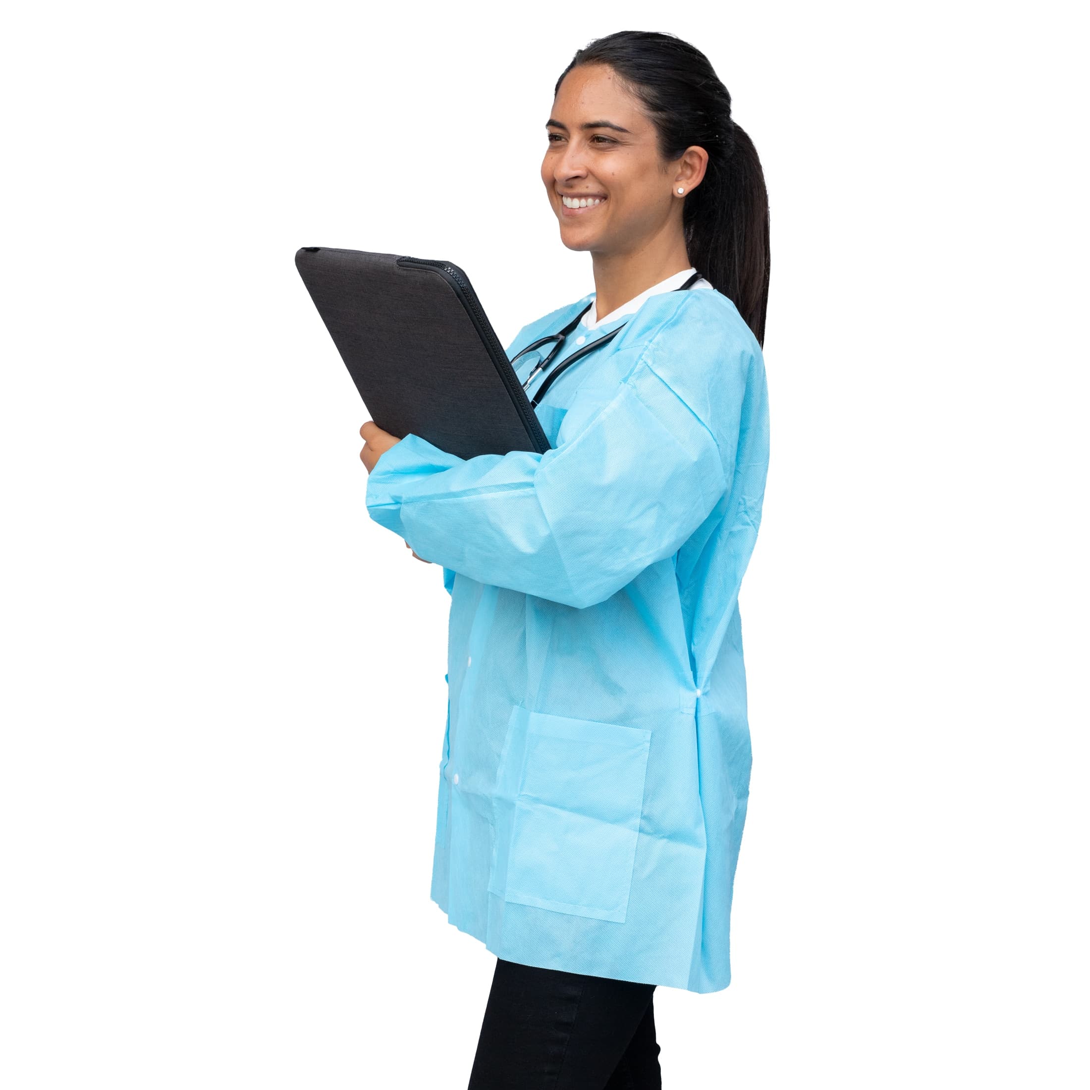 Dukal FitMe Disposable Lab Jacket, Sky Blue, Medium, 10/Pack, UGJ-6501-M - FitMe Lab Jackets - Image 1