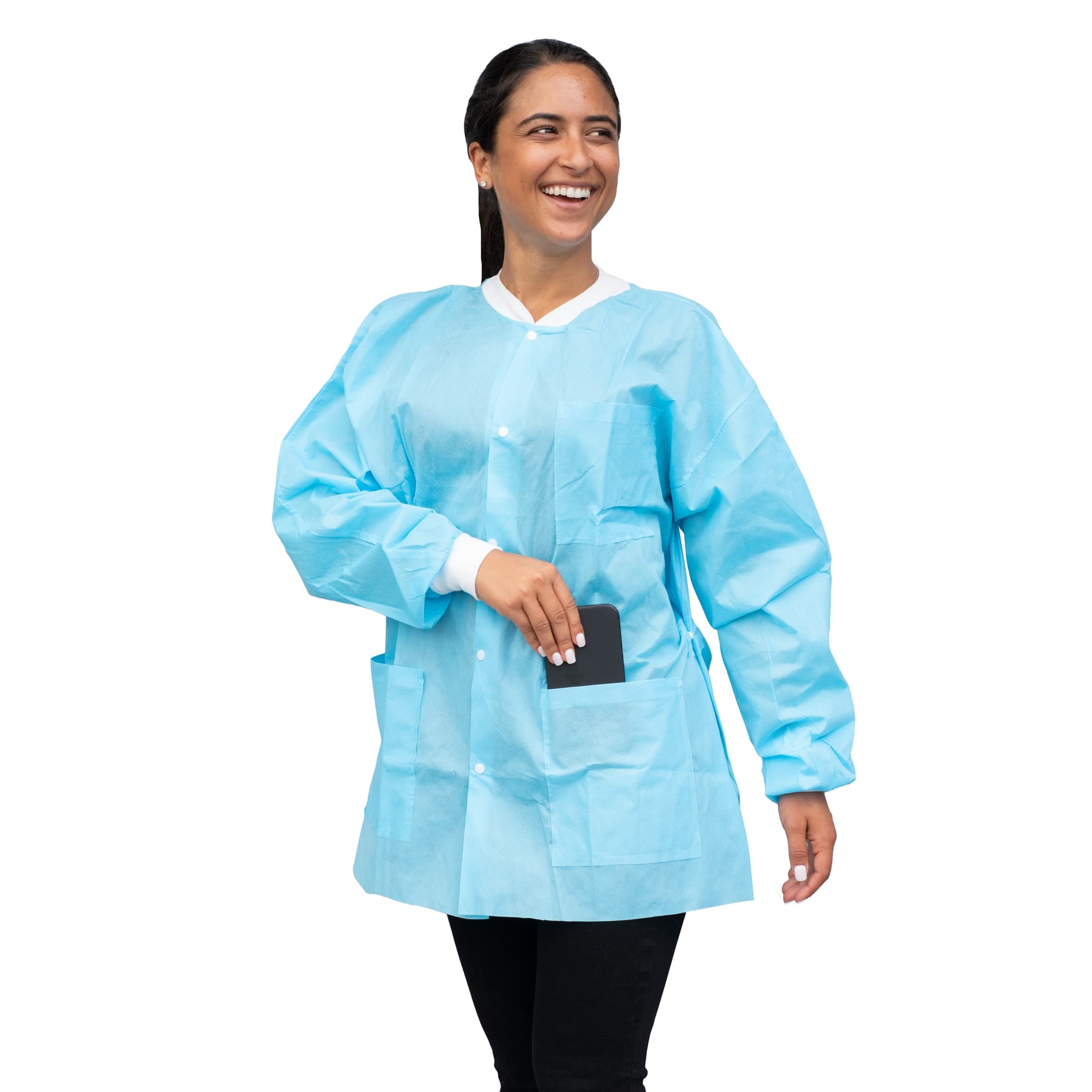 Dukal FitMe Disposable Lab Jacket, Sky Blue, Medium, 10/Pack, UGJ-6501-M thumbnail 3